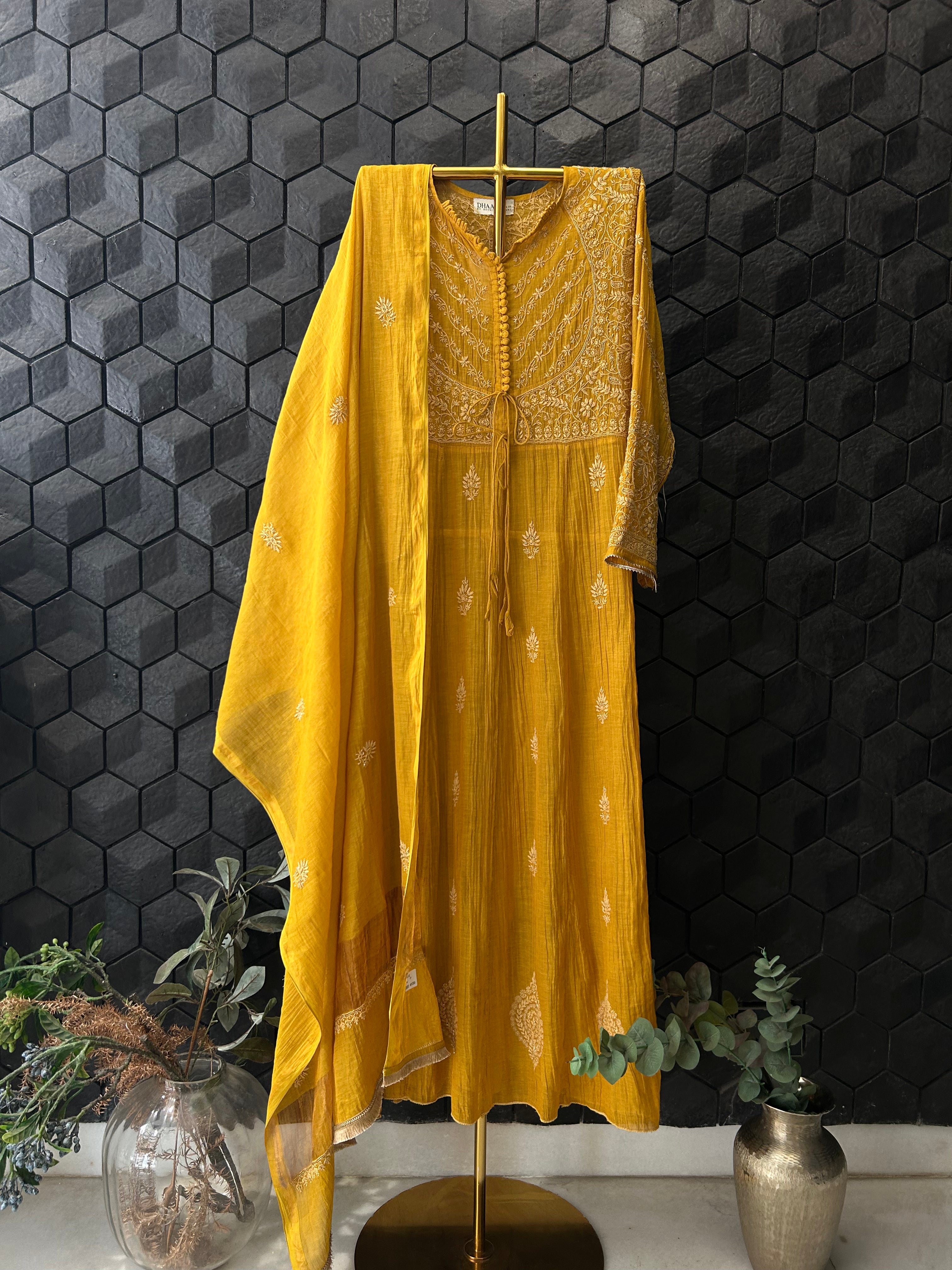 Mustard Tissue Chikankari Kurta Set