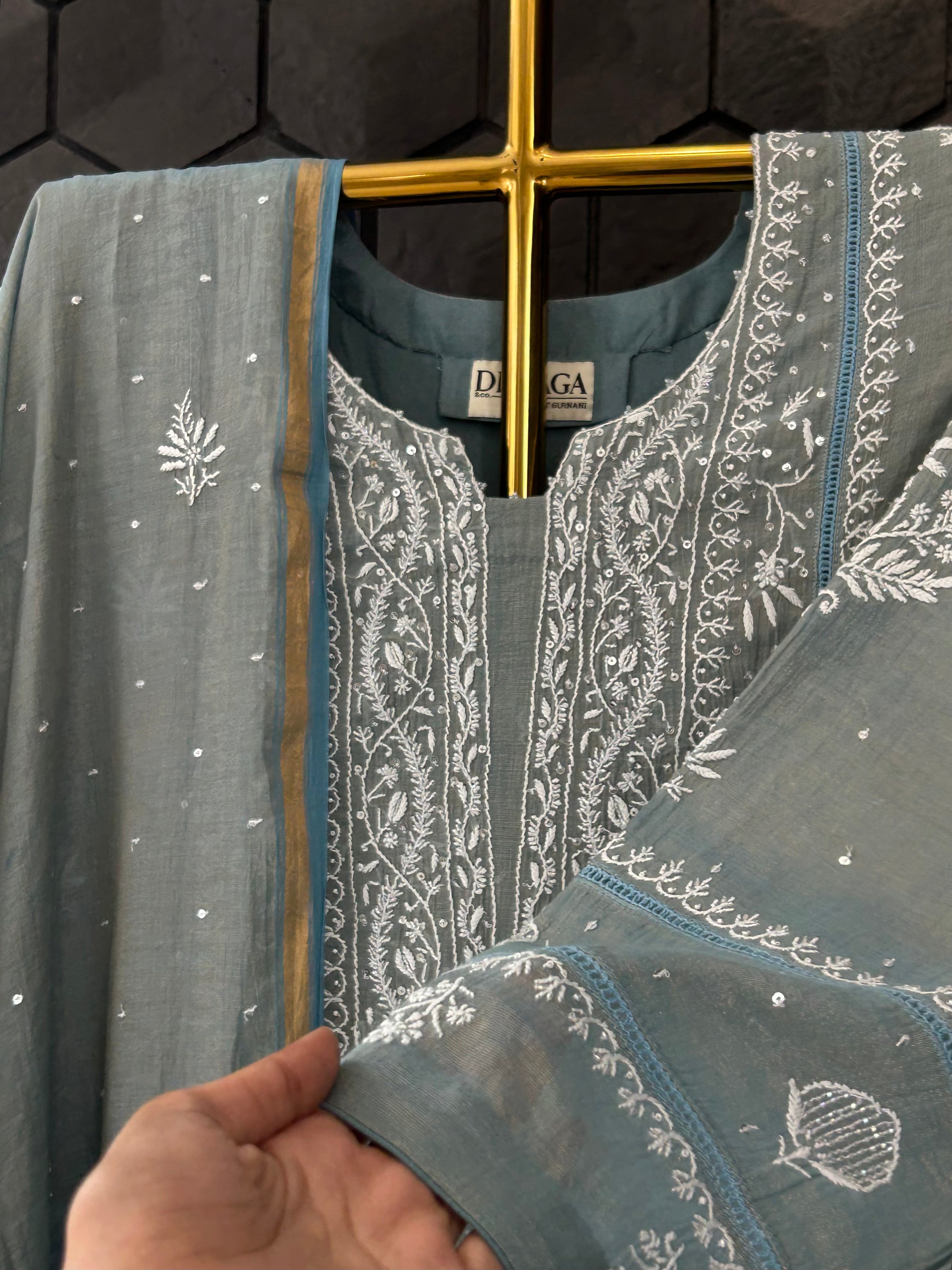 Green Tissue Chikankari Suit Set