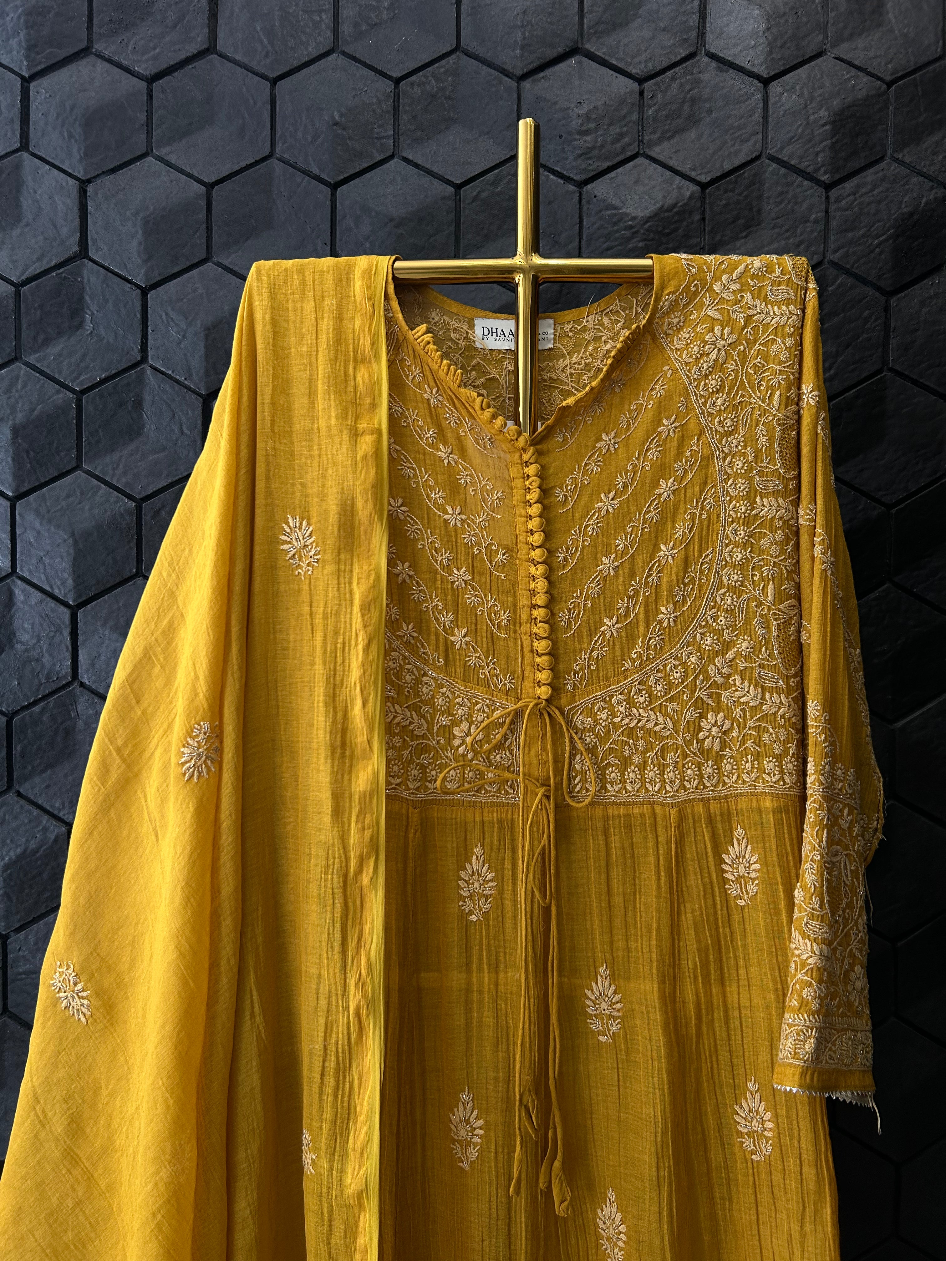 Mustard Tissue Chikankari Kurta Set