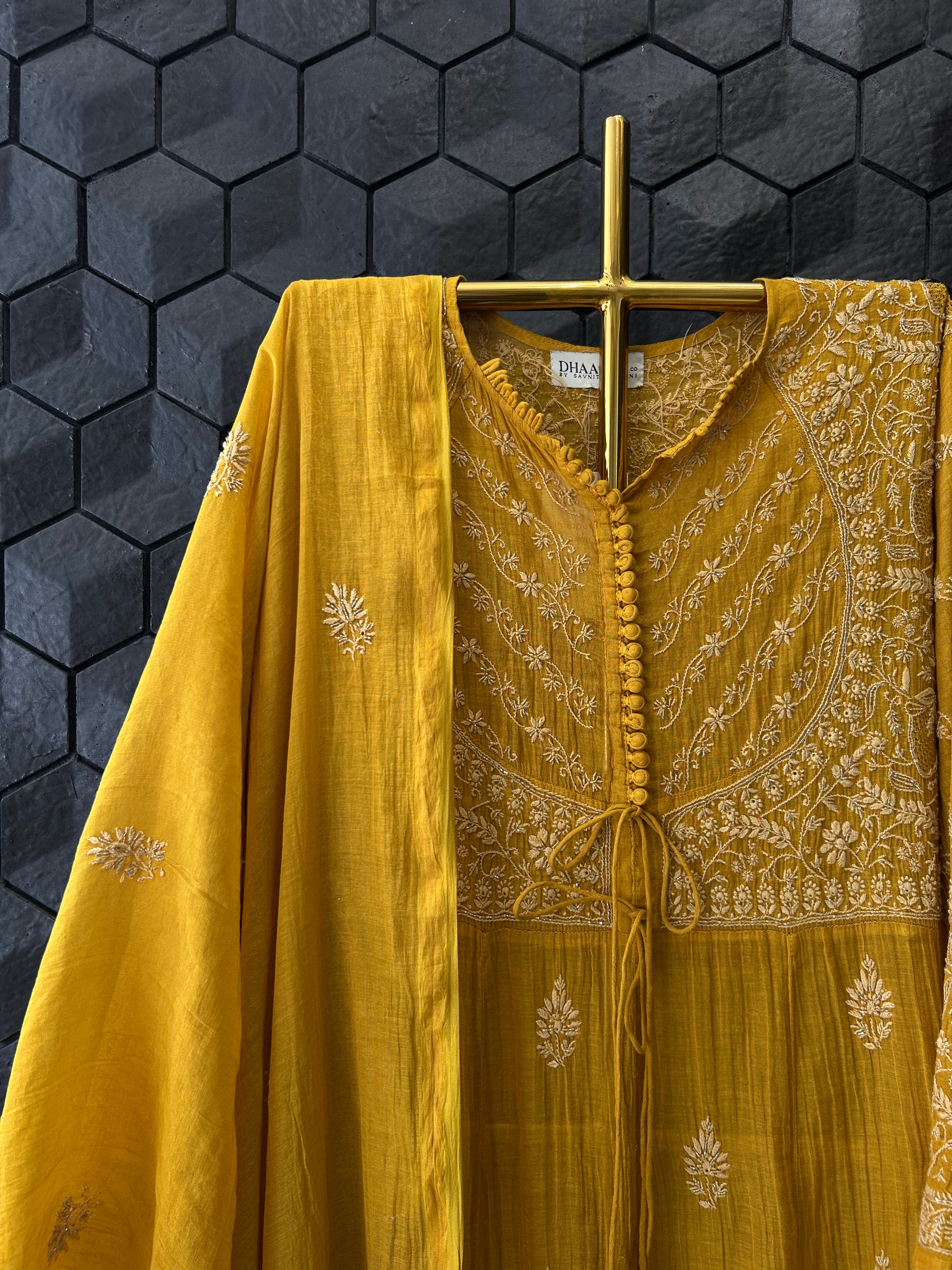 Mustard Tissue Chikankari Kurta Set