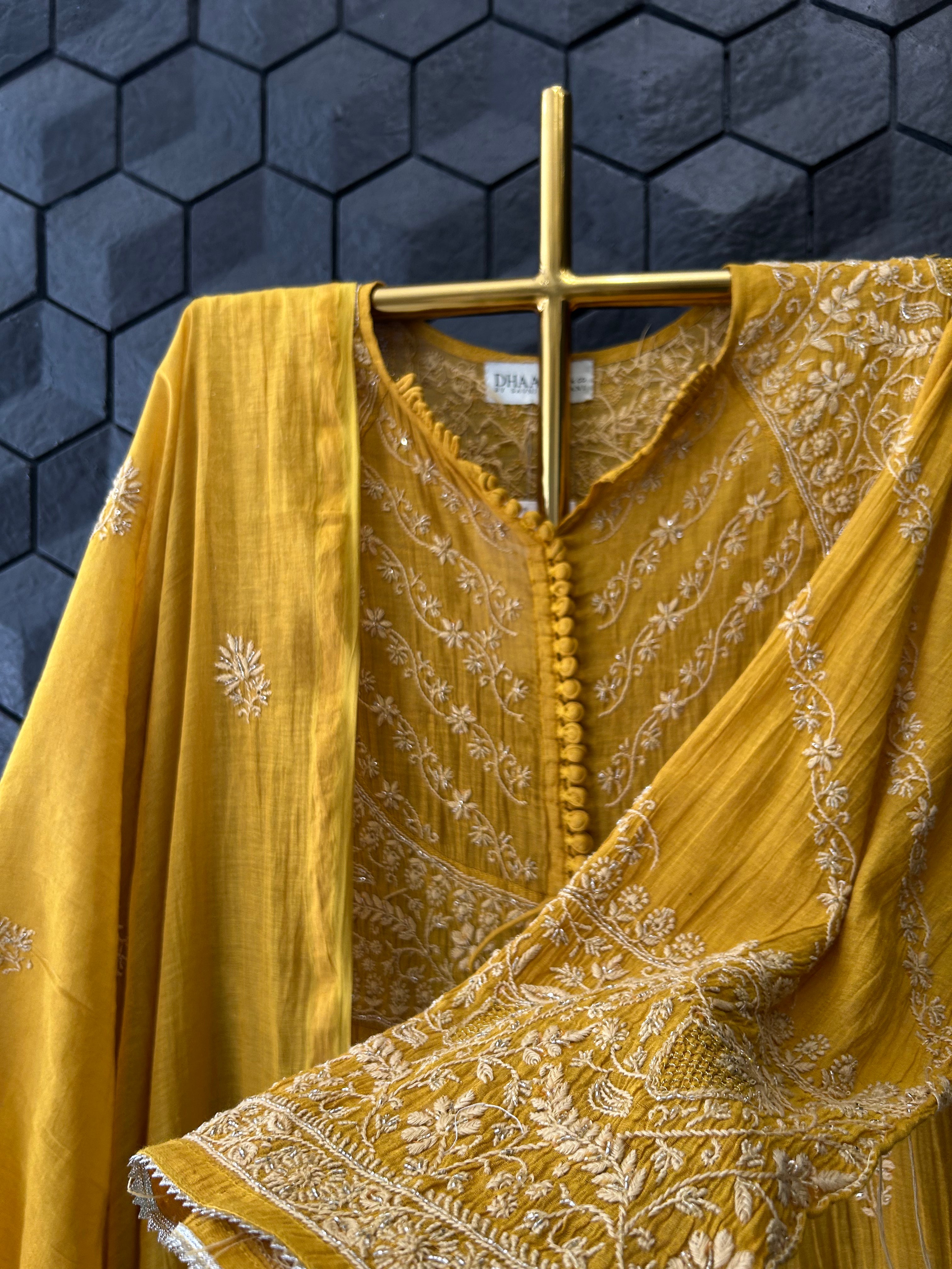 Mustard Tissue Chikankari Kurta Set