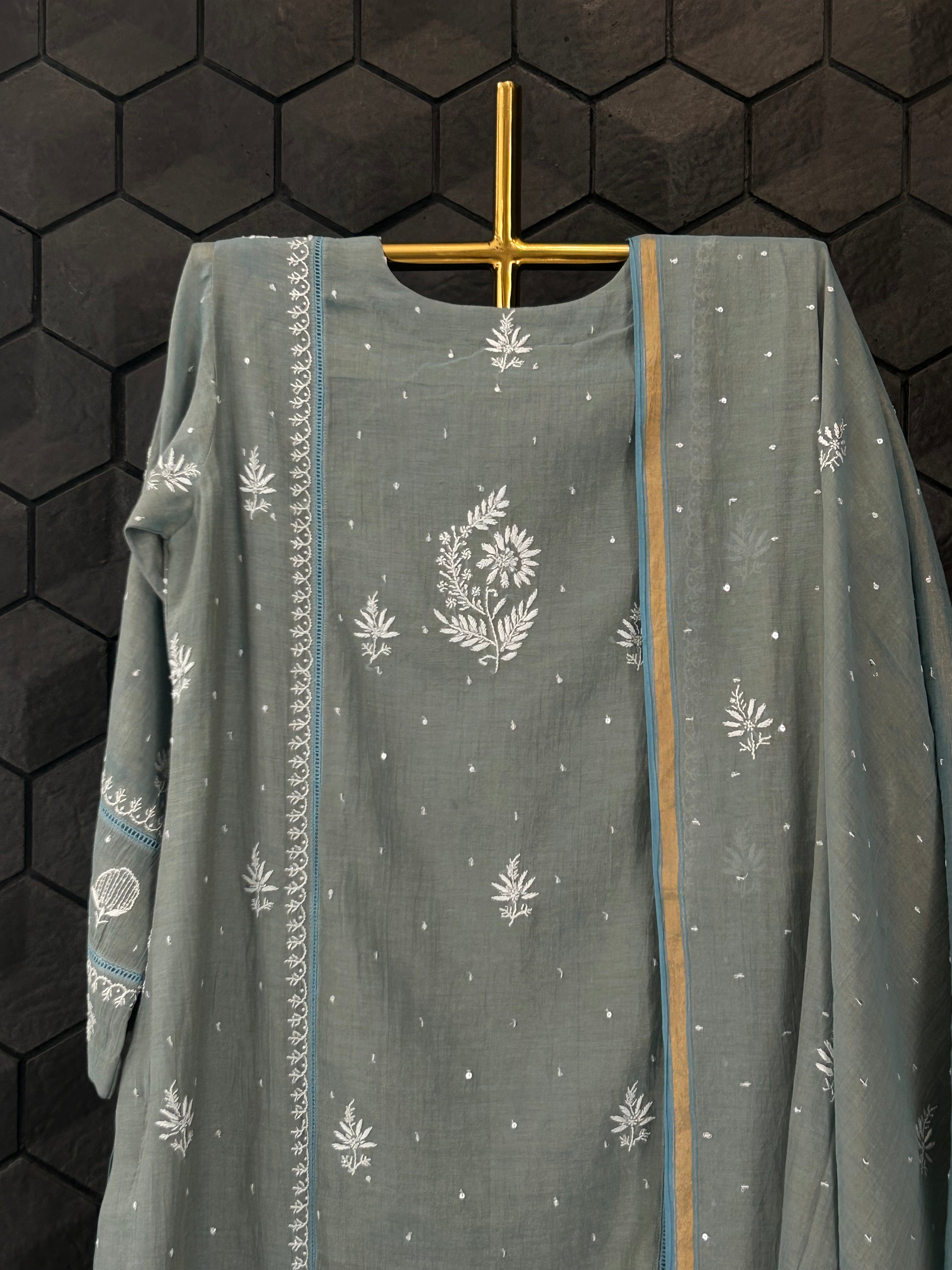 Green Tissue Chikankari Suit Set