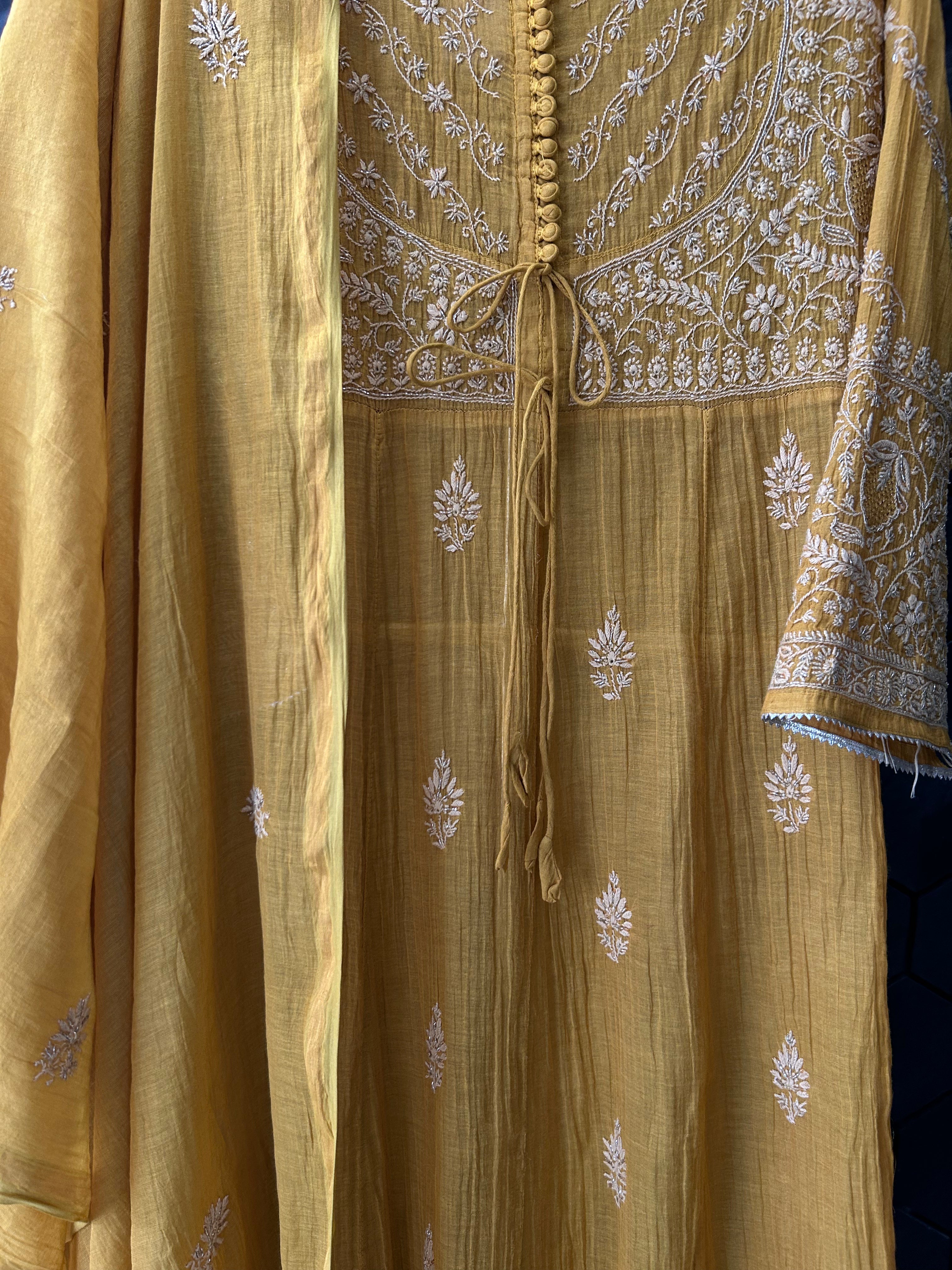 Mustard Tissue Chikankari Kurta Set