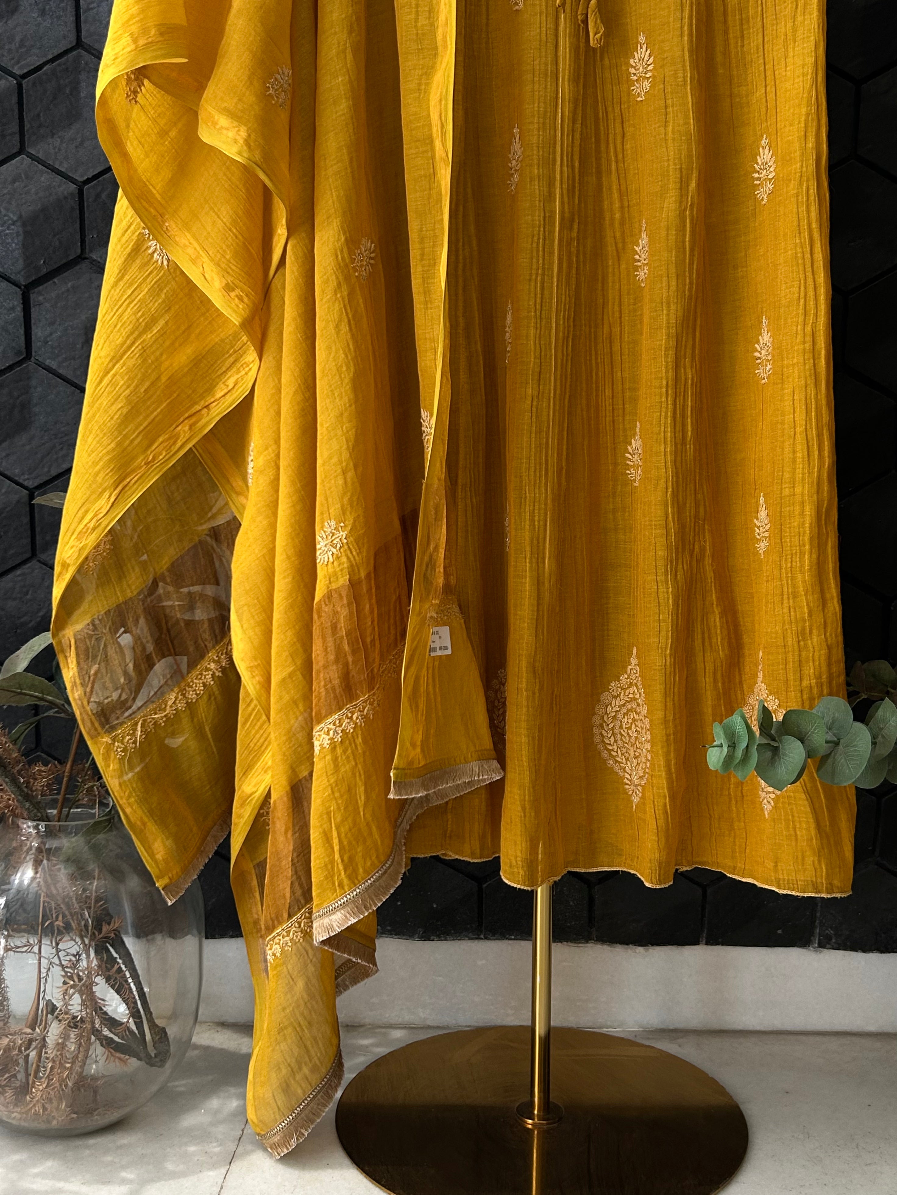 Mustard Tissue Chikankari Kurta Set