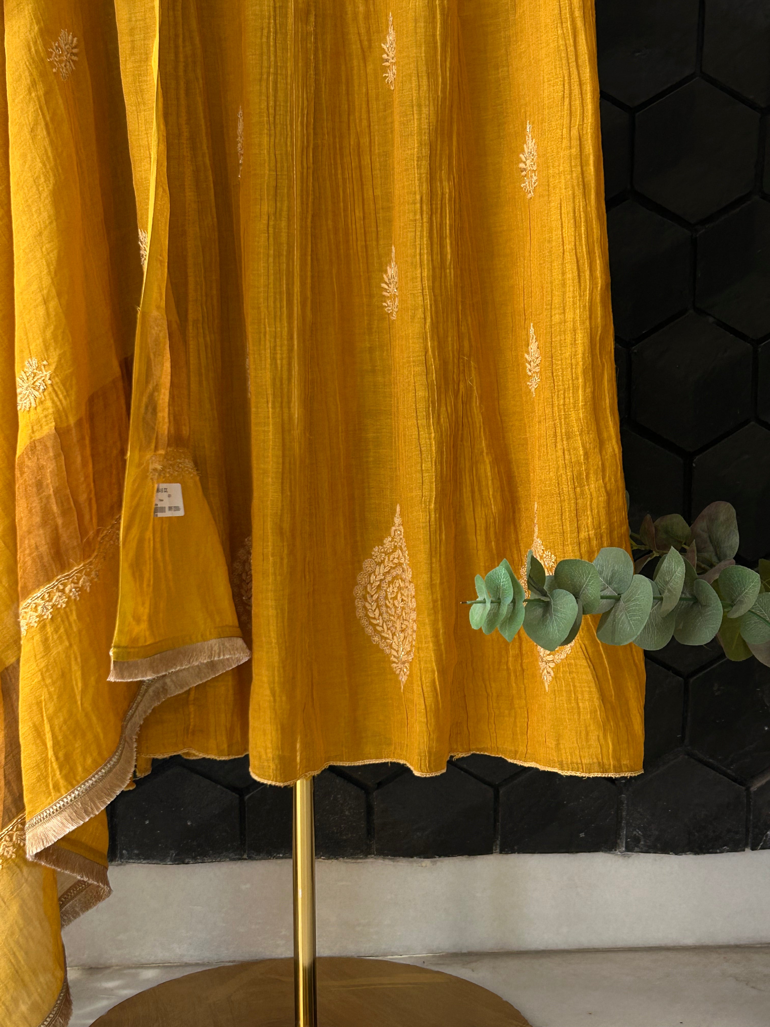 Mustard Tissue Chikankari Kurta Set