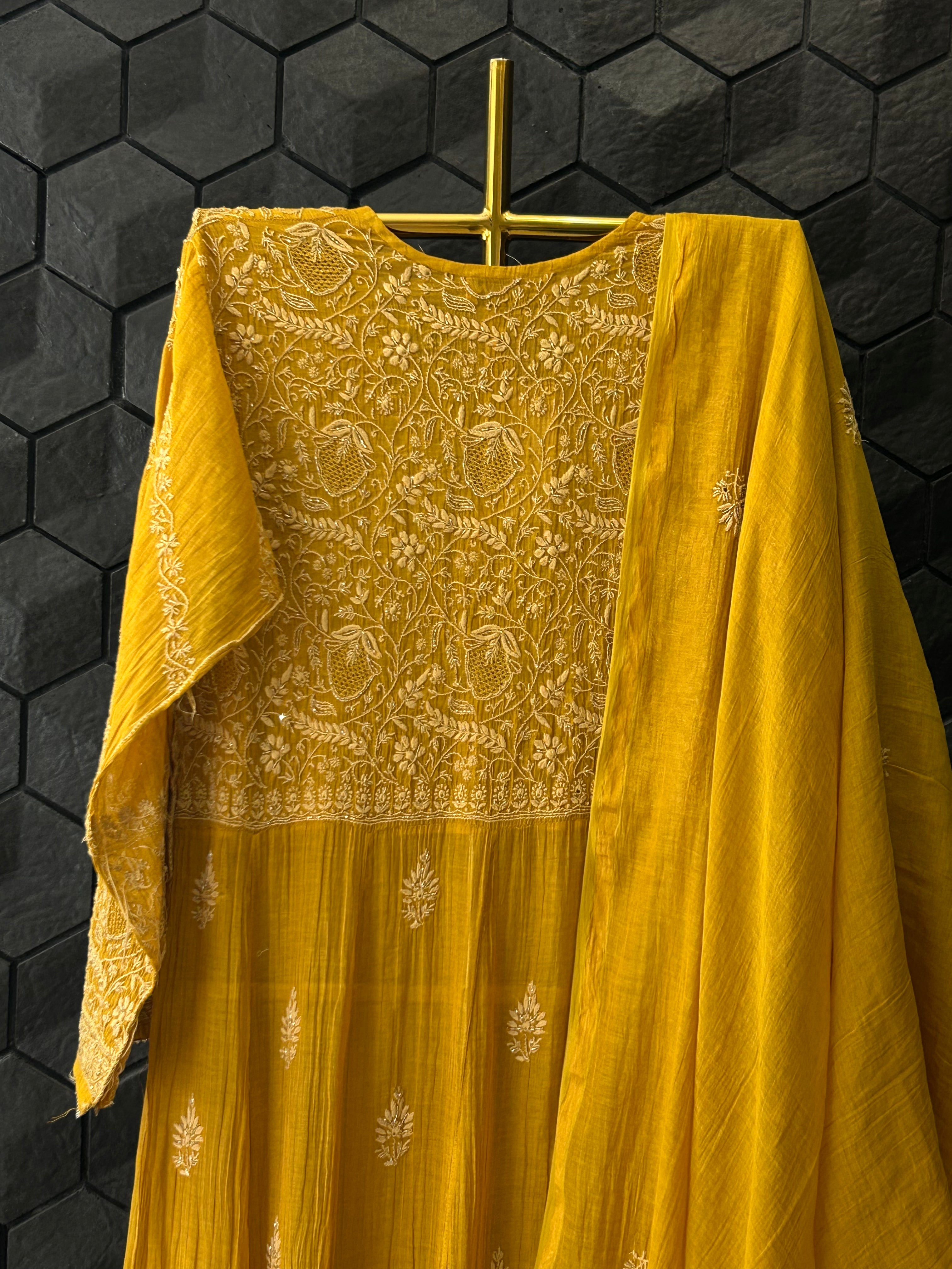 Mustard Tissue Chikankari Kurta Set