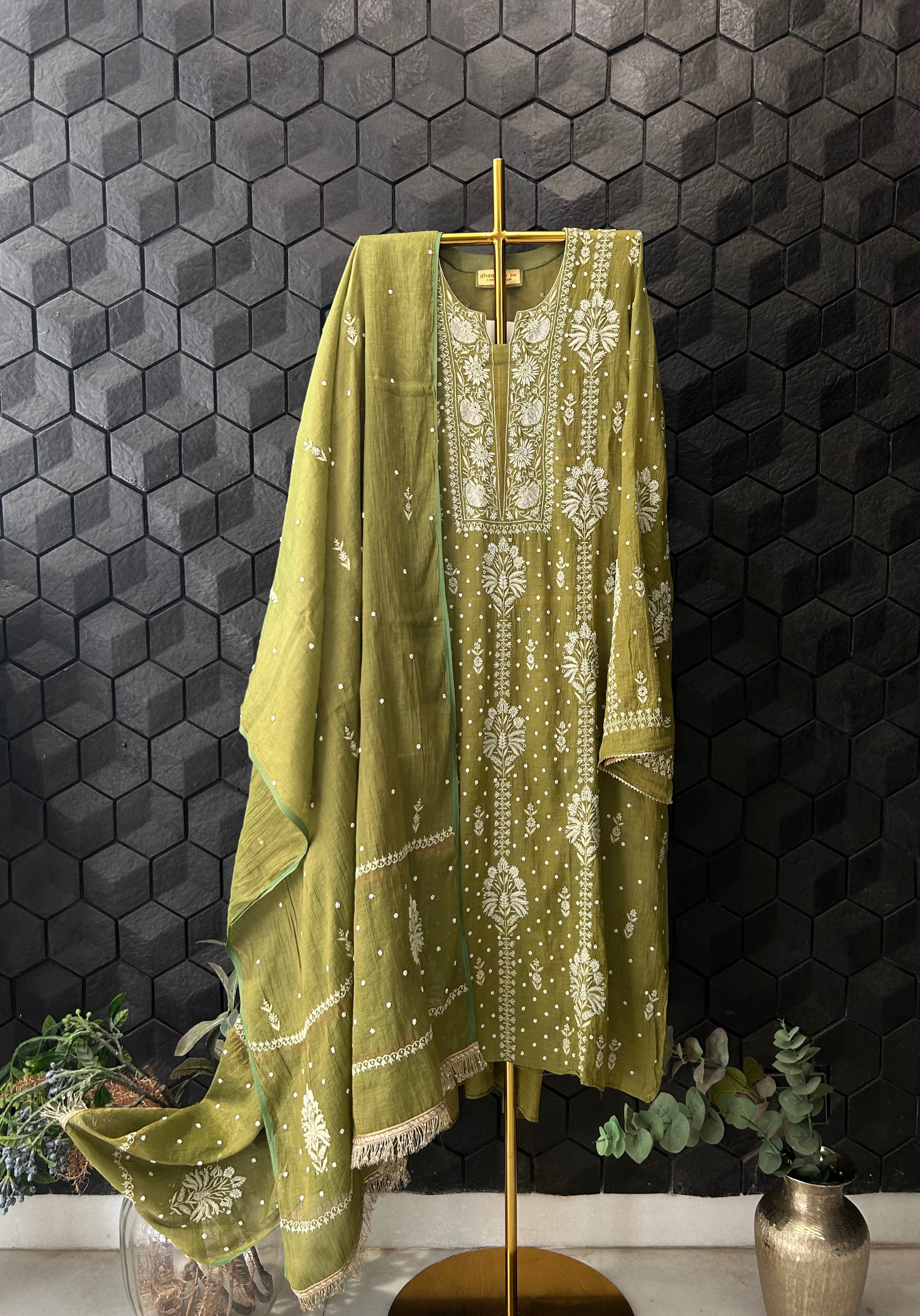 Green Tissue Chikankari Kurta Set