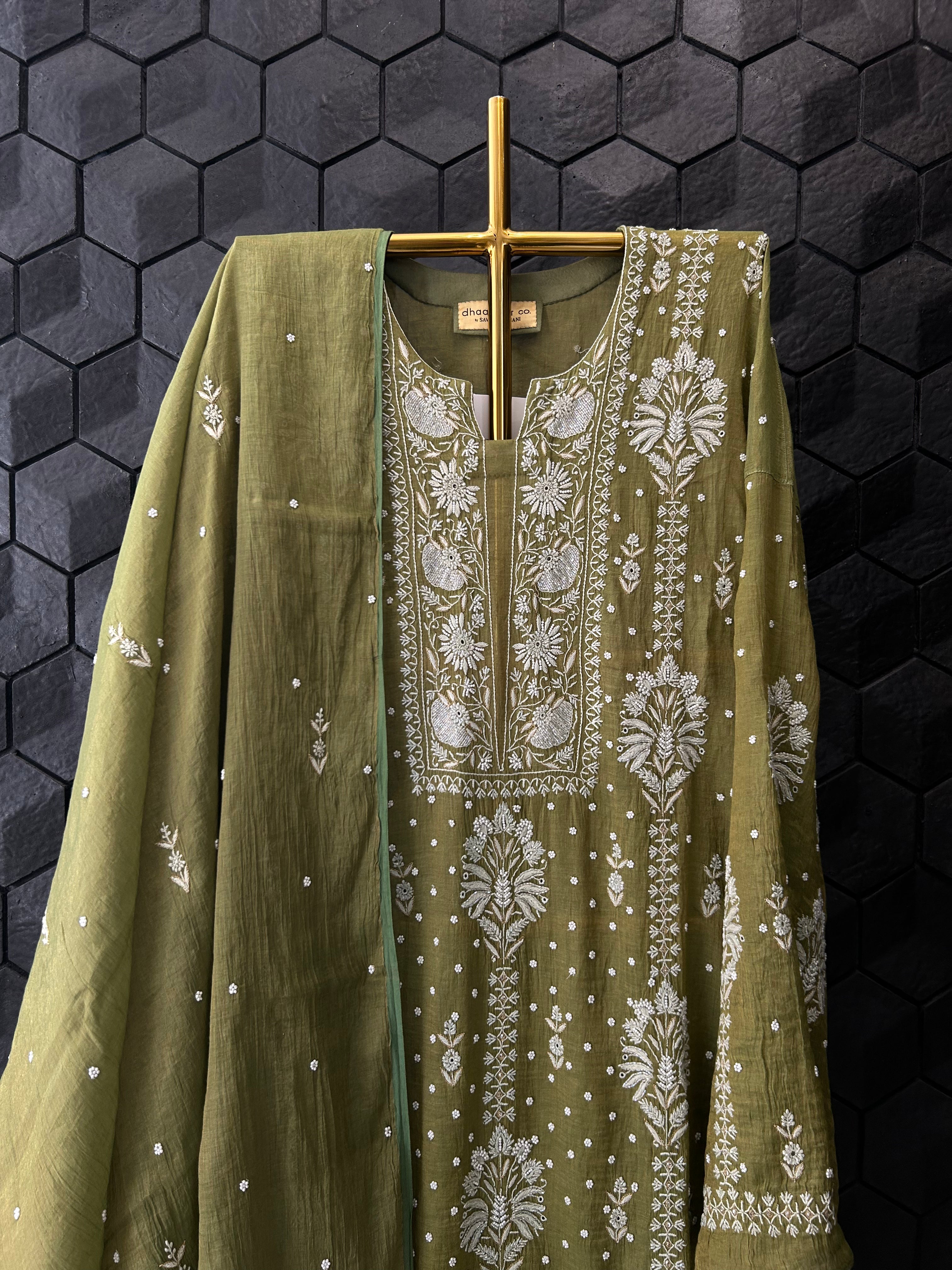 Green Tissue Chikankari Kurta Set