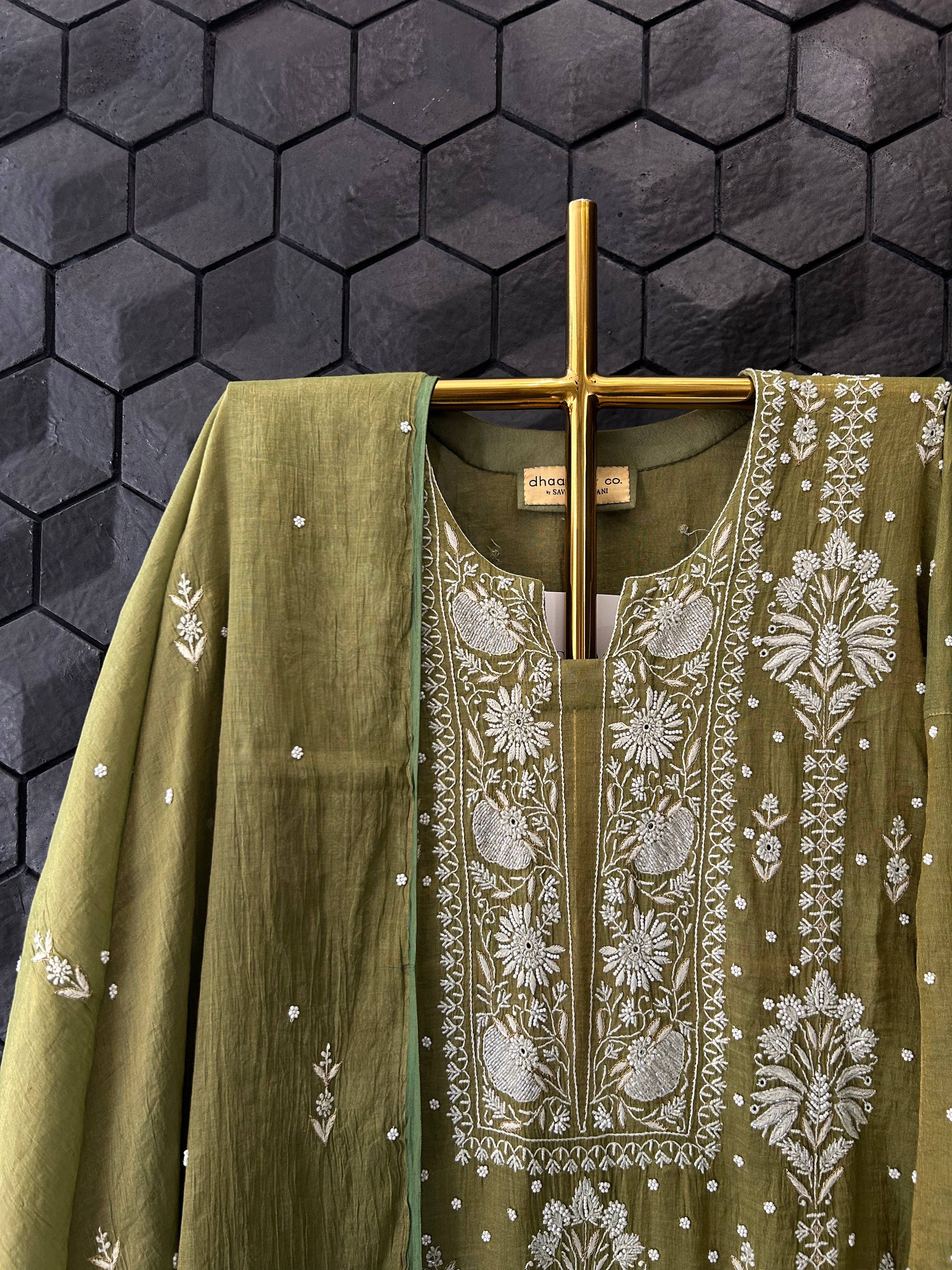 Green Tissue Chikankari Kurta Set