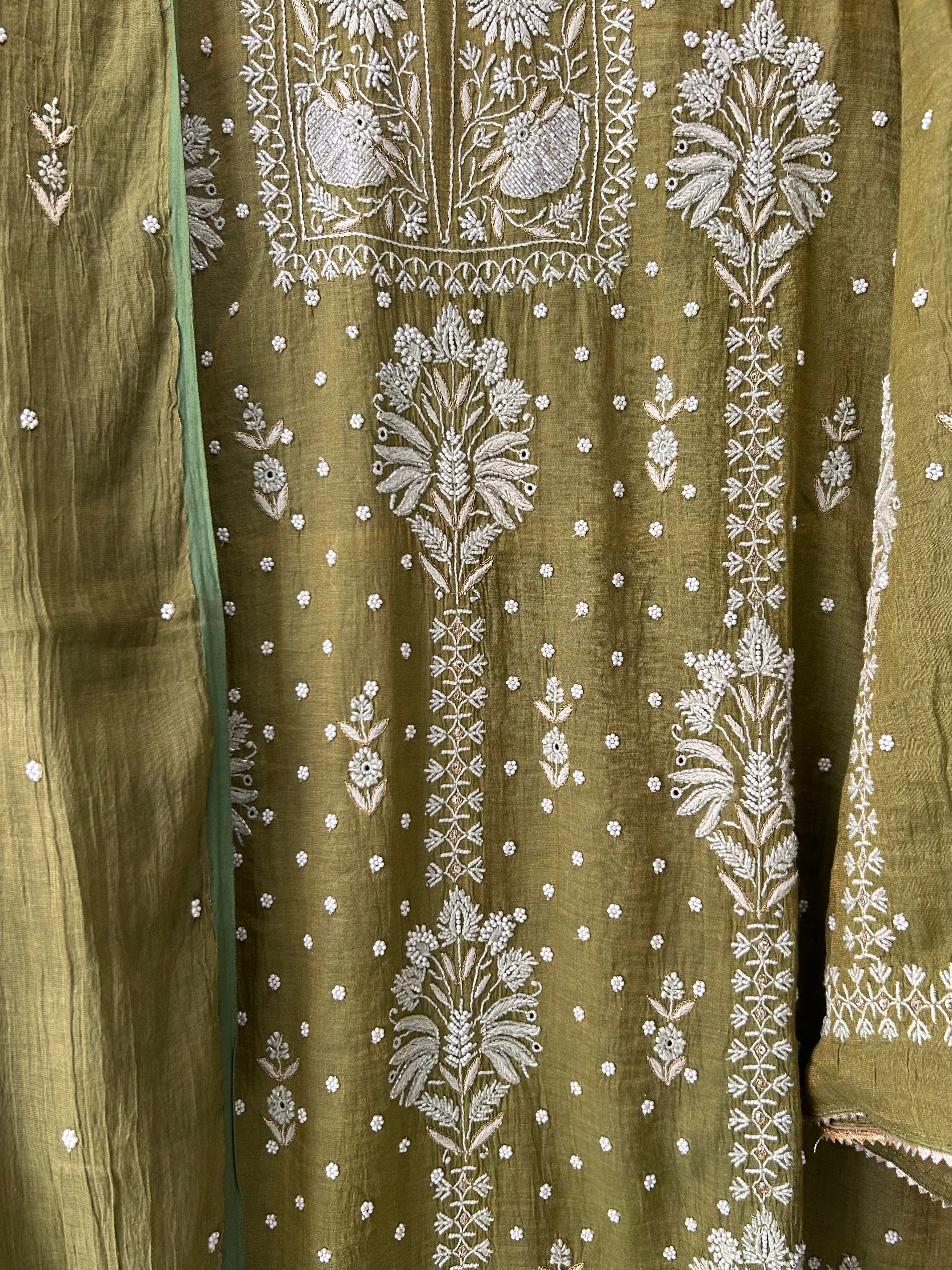 Green Tissue Chikankari Kurta Set