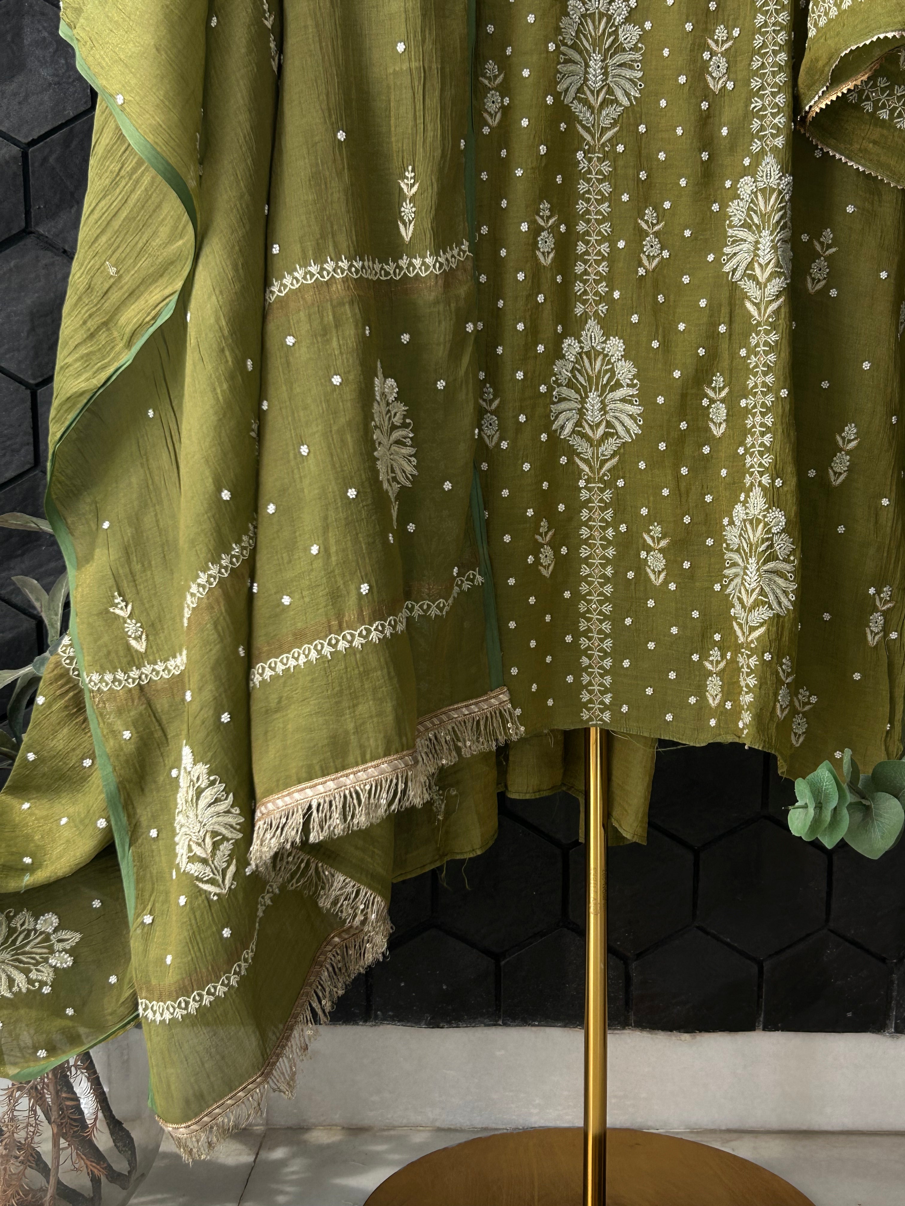 Green Tissue Chikankari Kurta Set