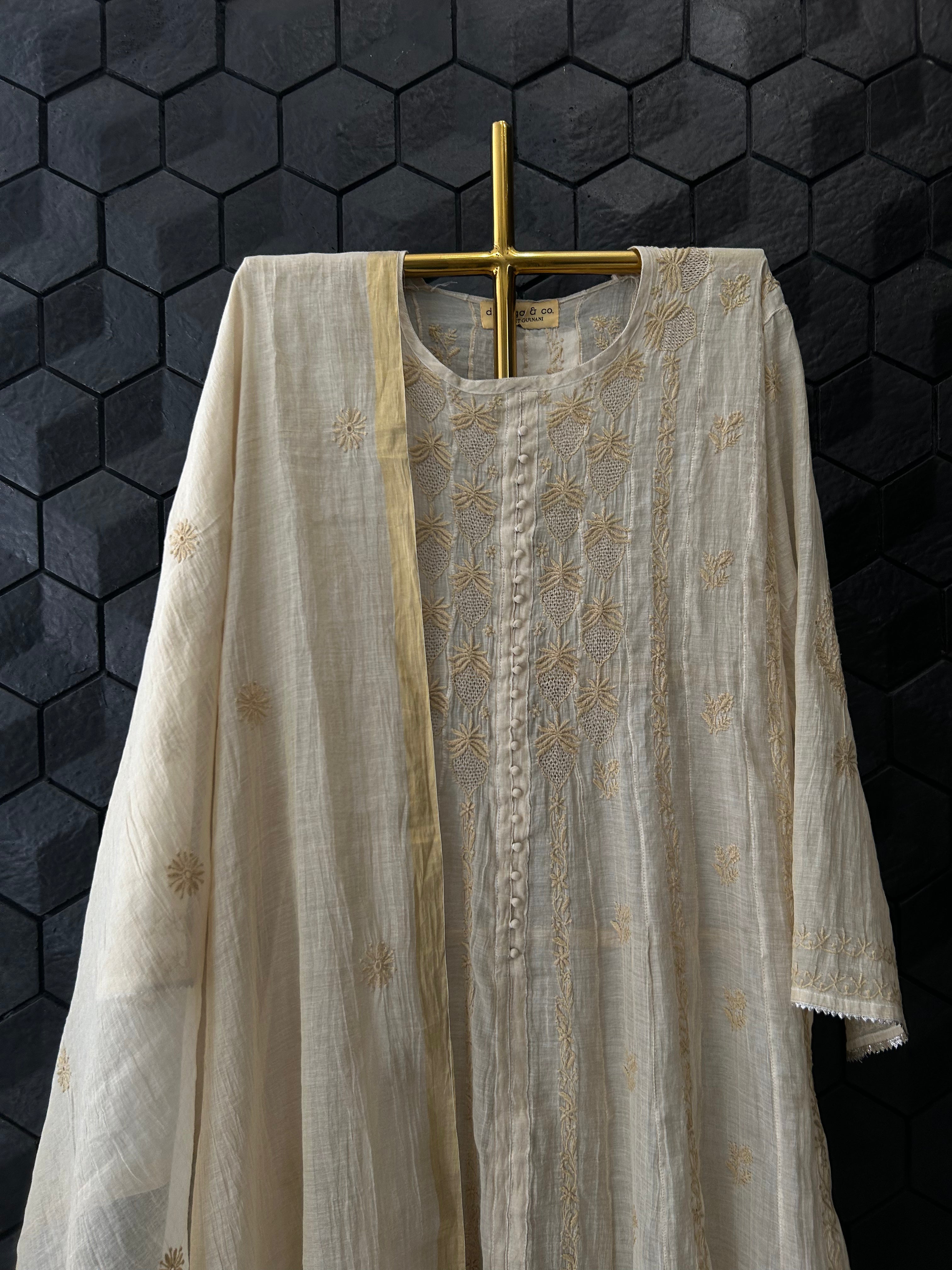 Golden Tissue Chikankari Anarkali  Set