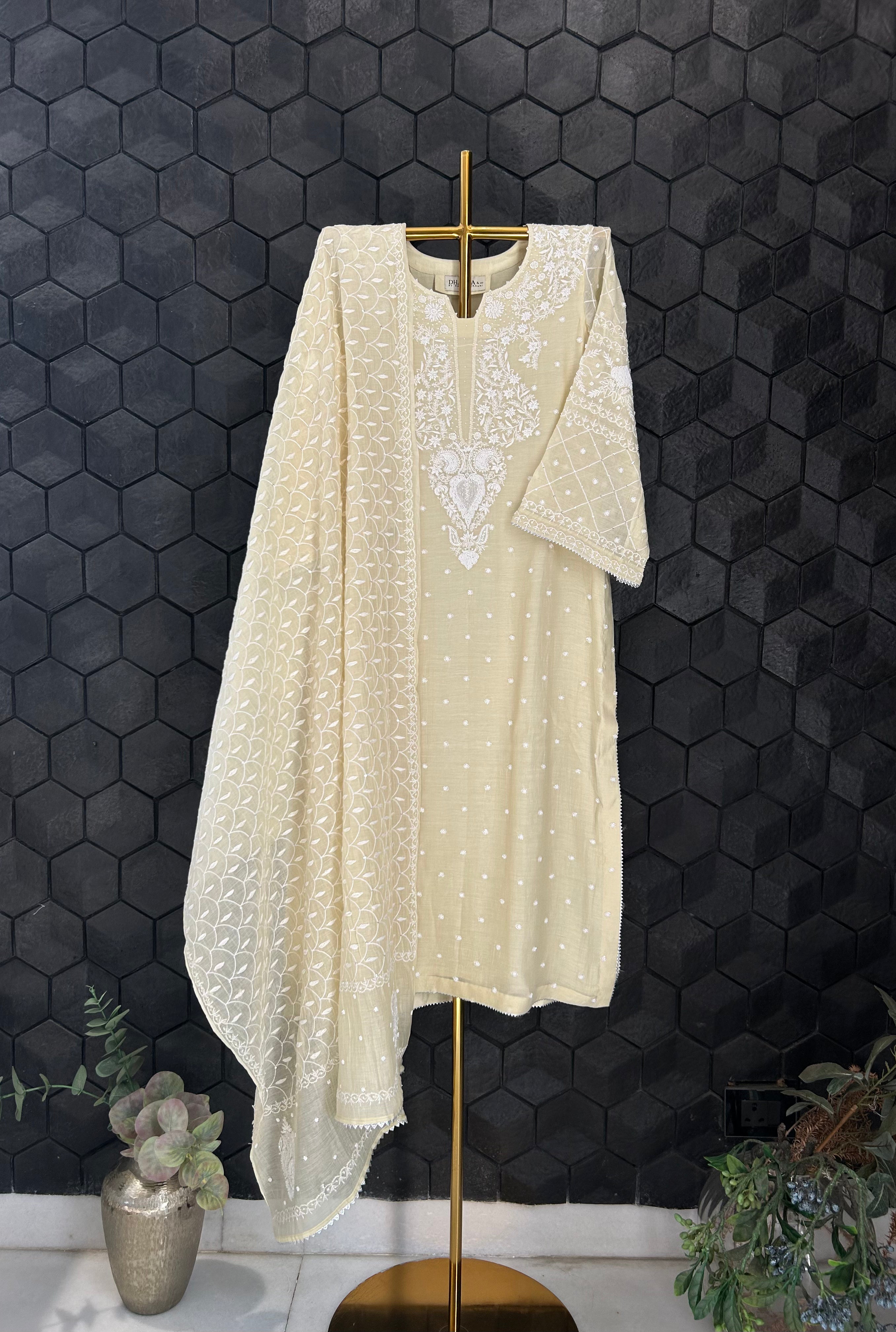 Off White Mul Chanderi Chikankari Kurta Set