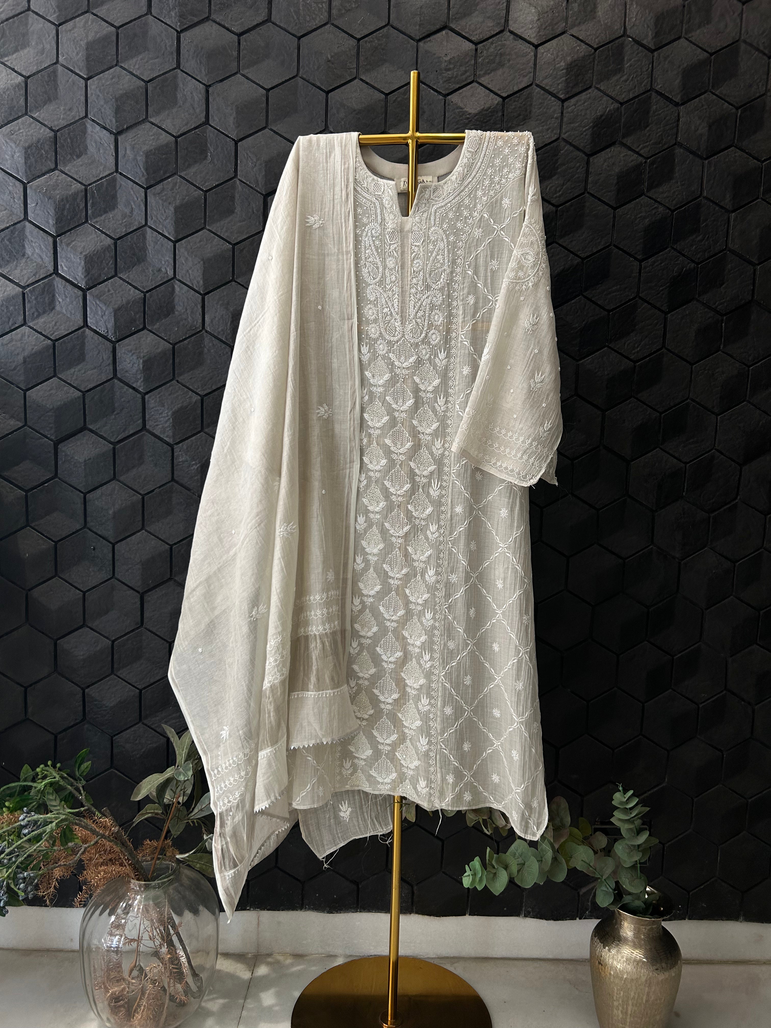 Silver Tissue Chikankari kurta Set