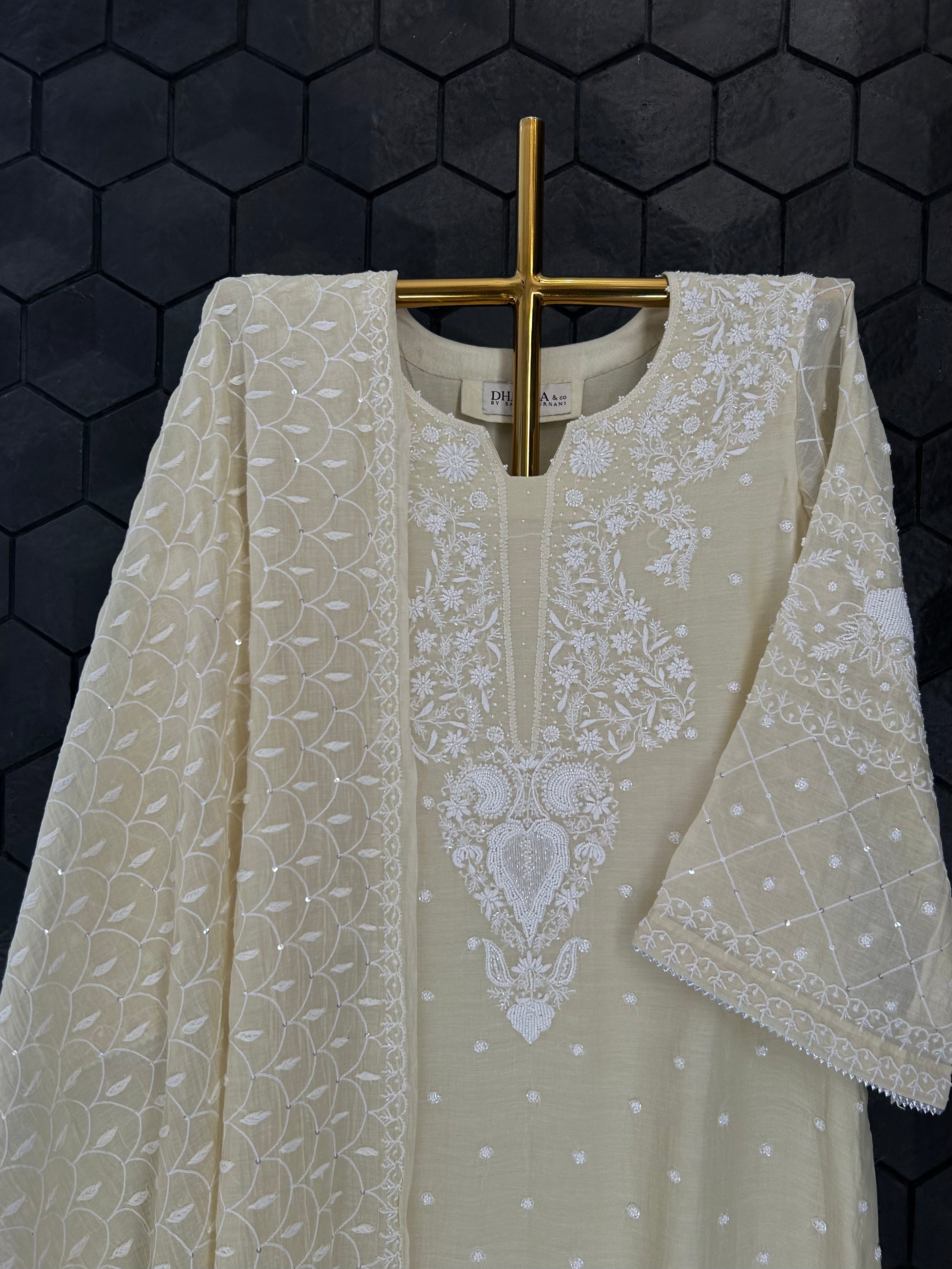 Off White Mul Chanderi Chikankari Kurta Set