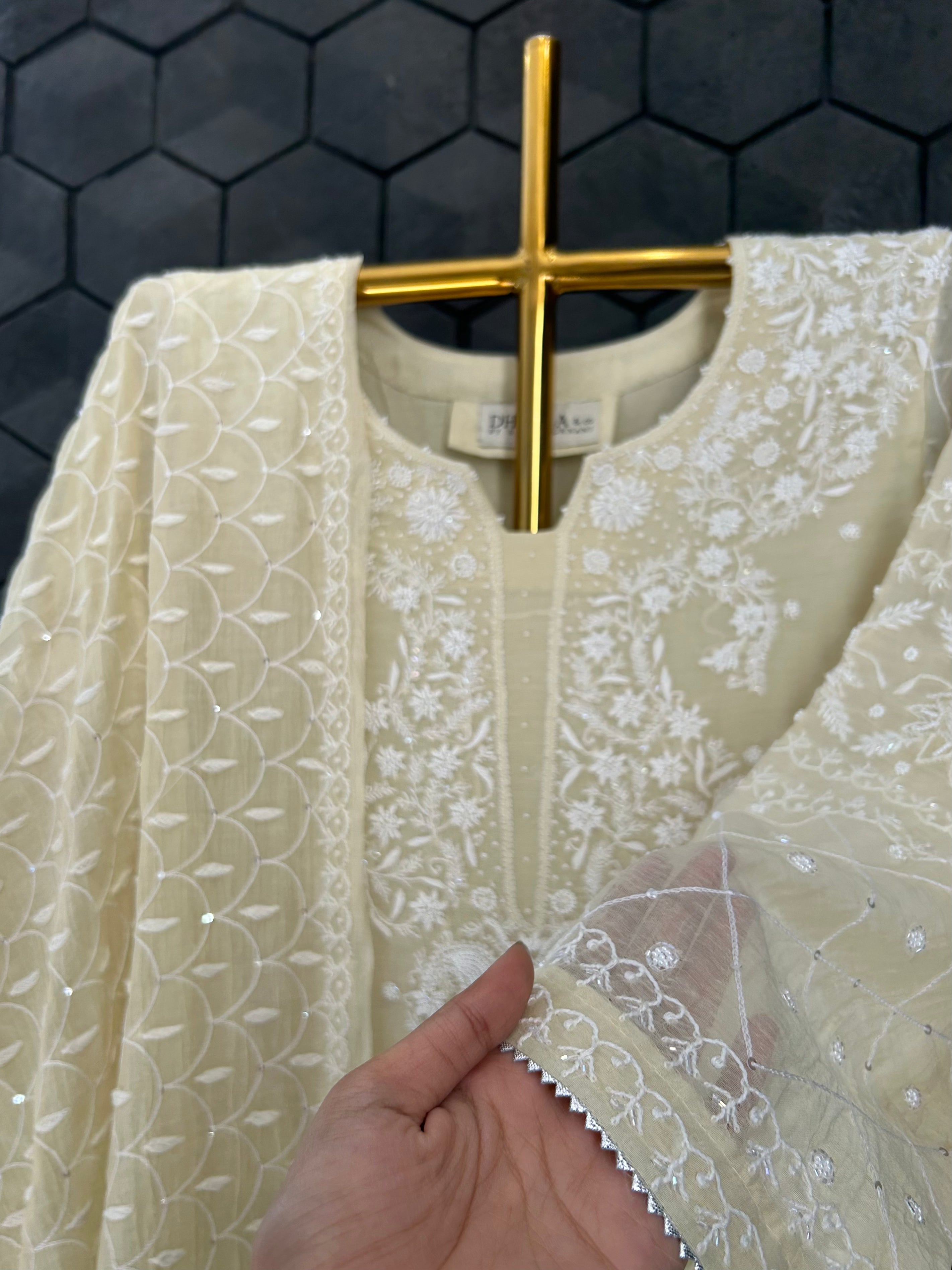 Off White Mul Chanderi Chikankari Kurta Set