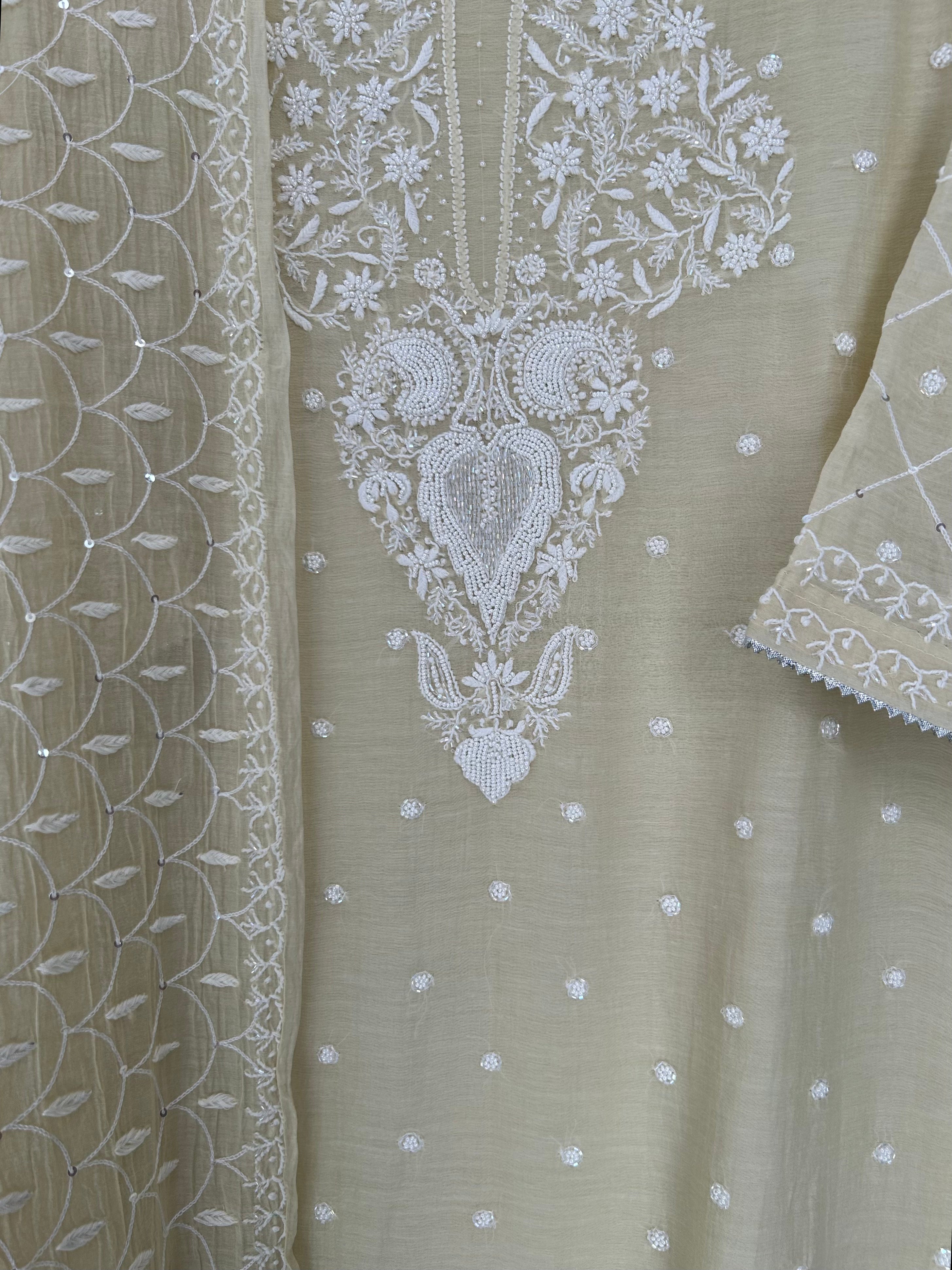Off White Mul Chanderi Chikankari Kurta Set