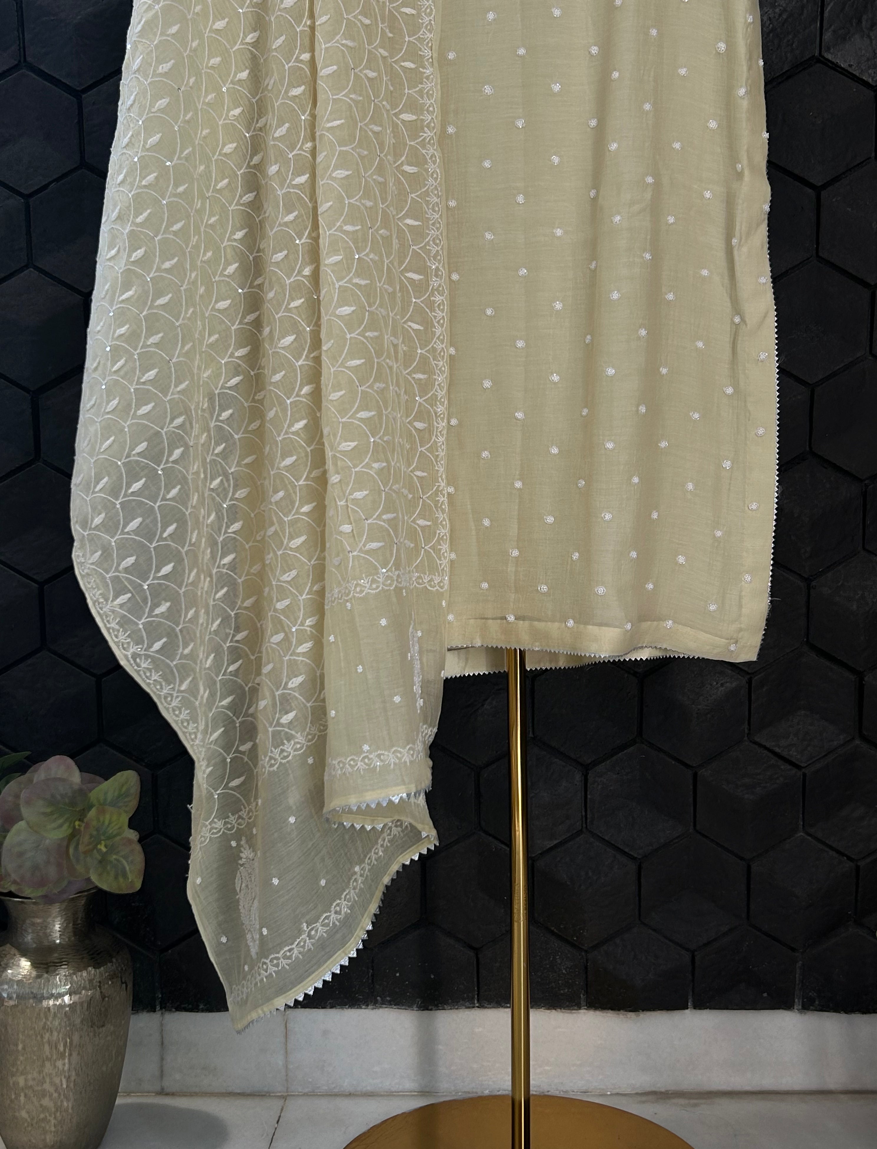 Off White Mul Chanderi Chikankari Kurta Set