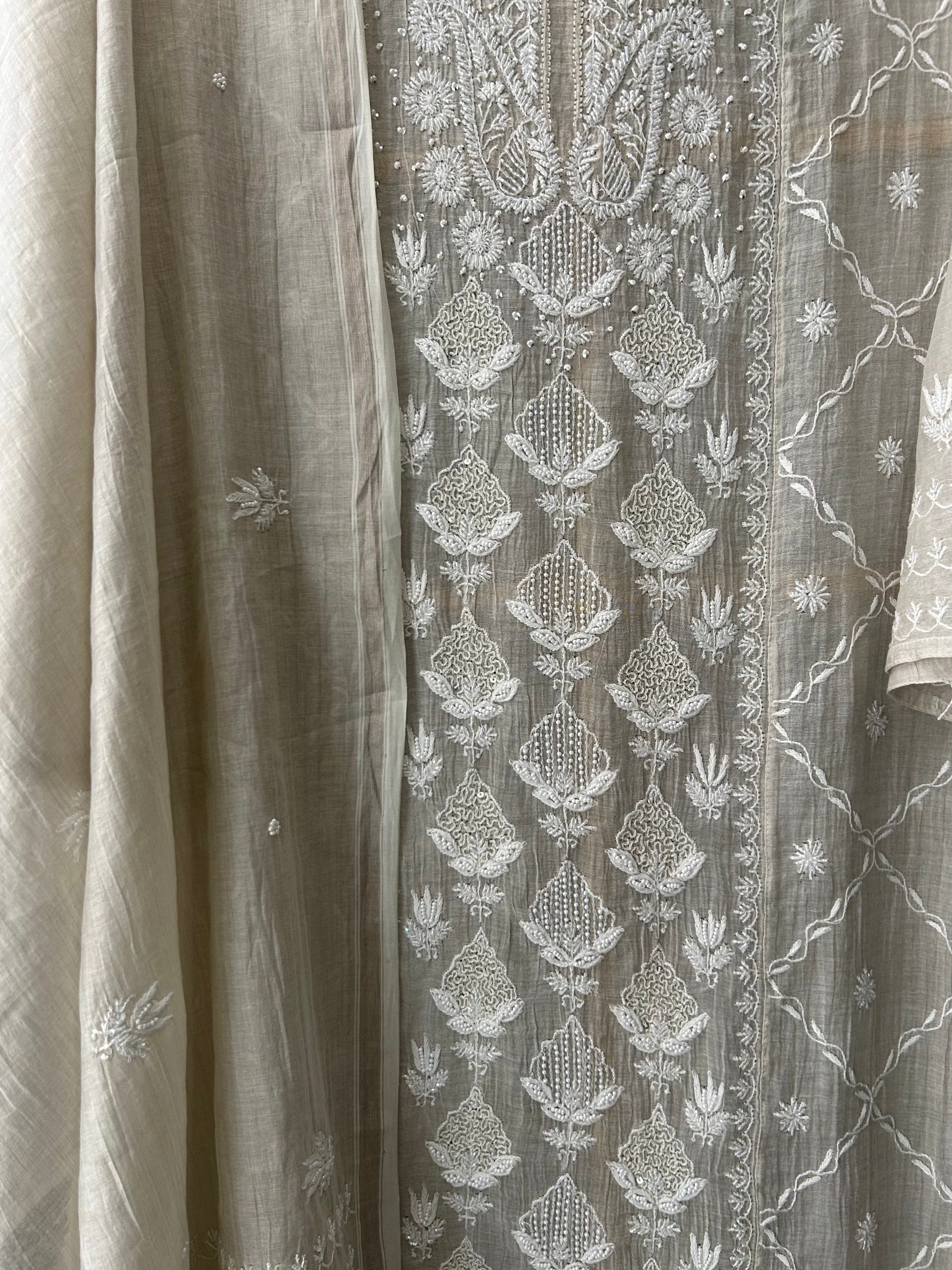 Silver Tissue Chikankari kurta Set