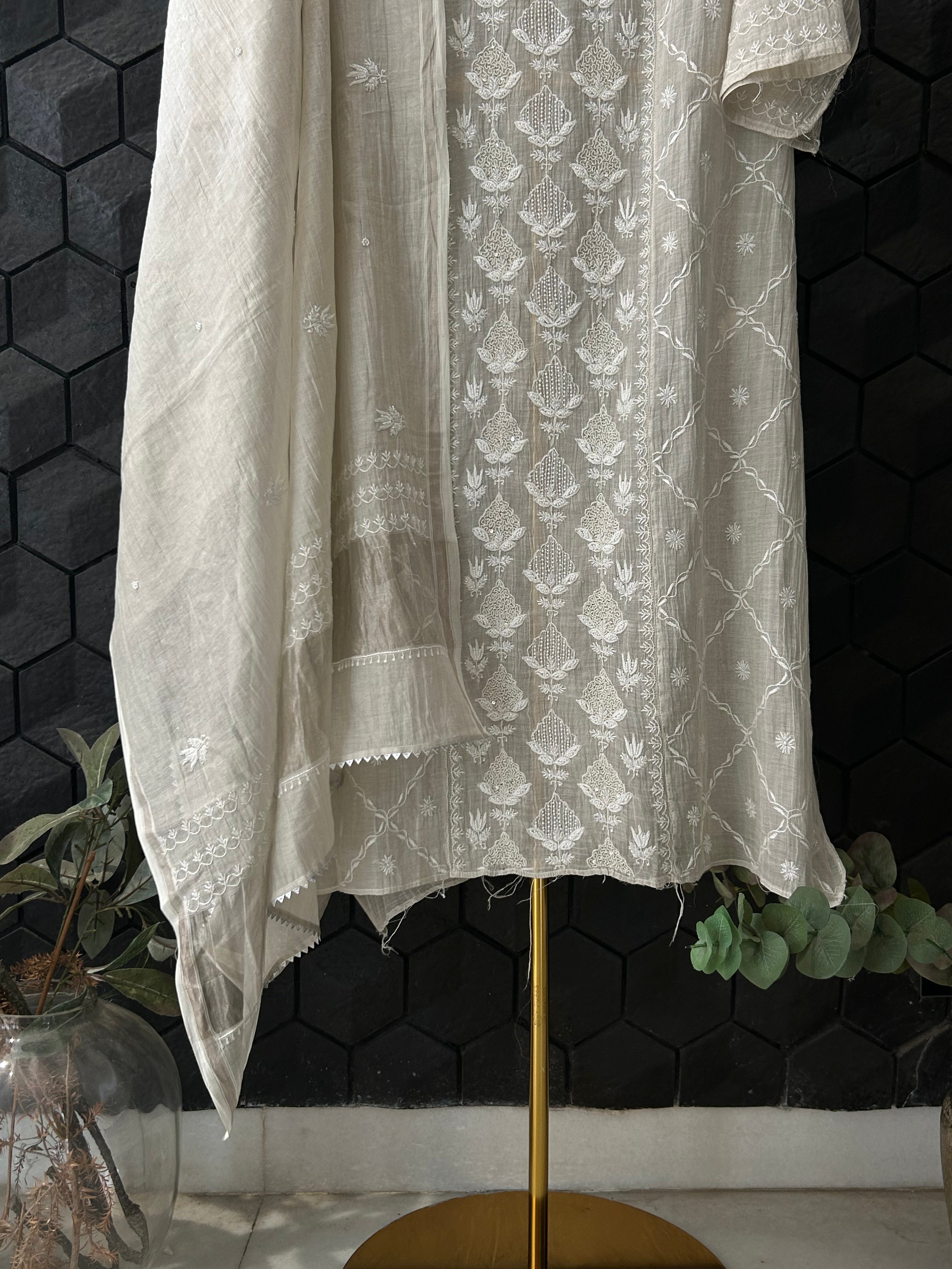 Silver Tissue Chikankari kurta Set