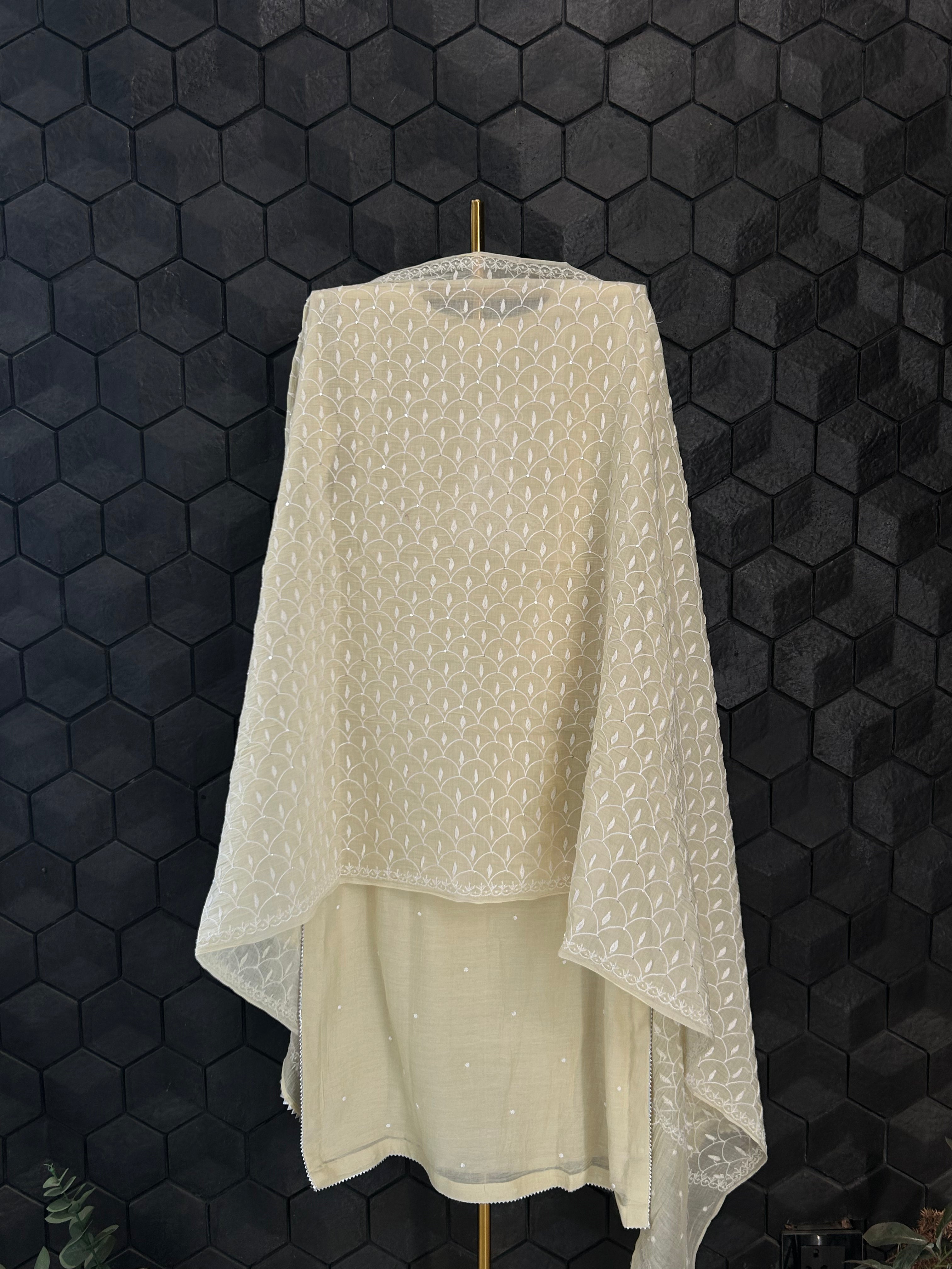 Off White Mul Chanderi Chikankari Kurta Set