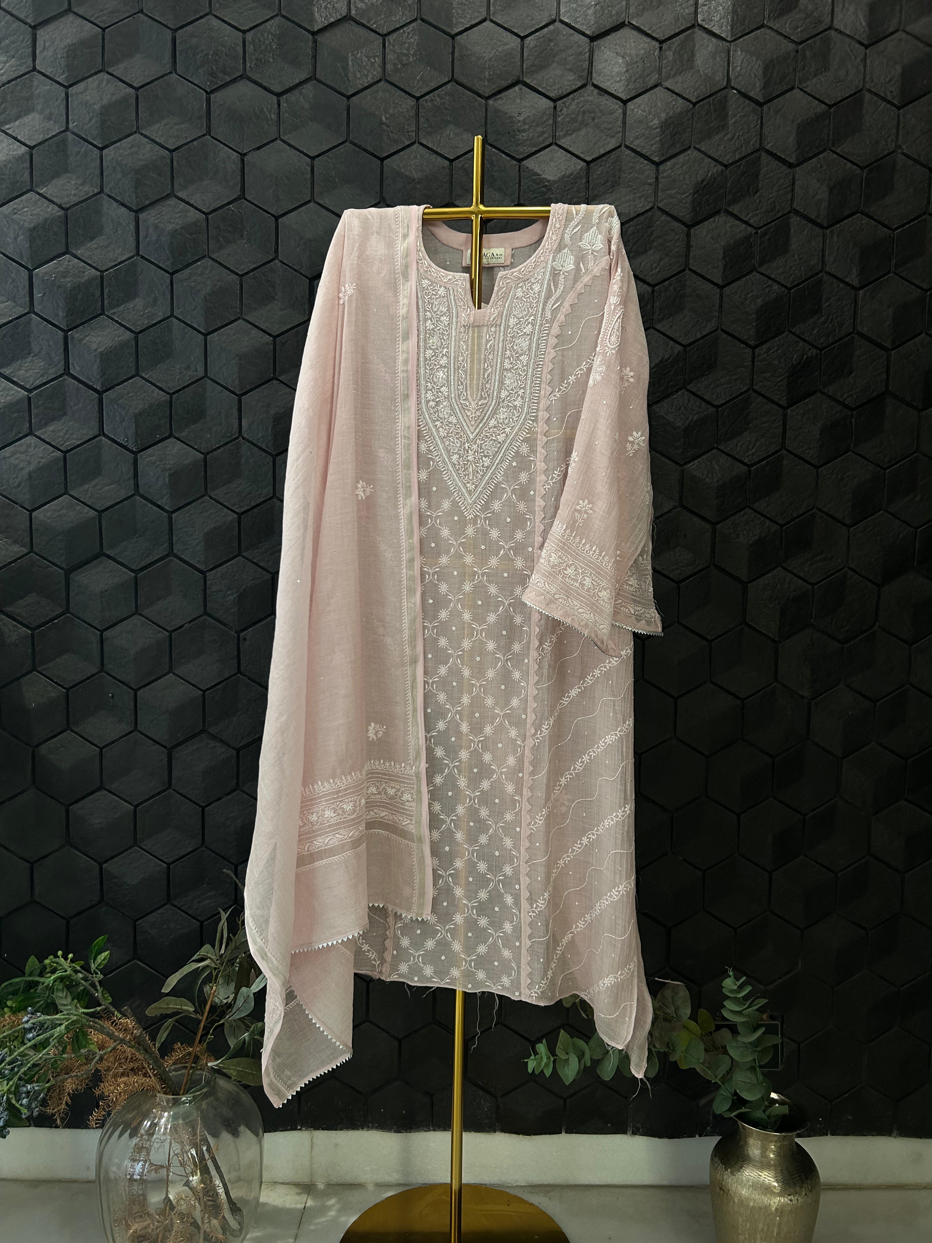 Pink Silver tissue Chikankari Kurta Set