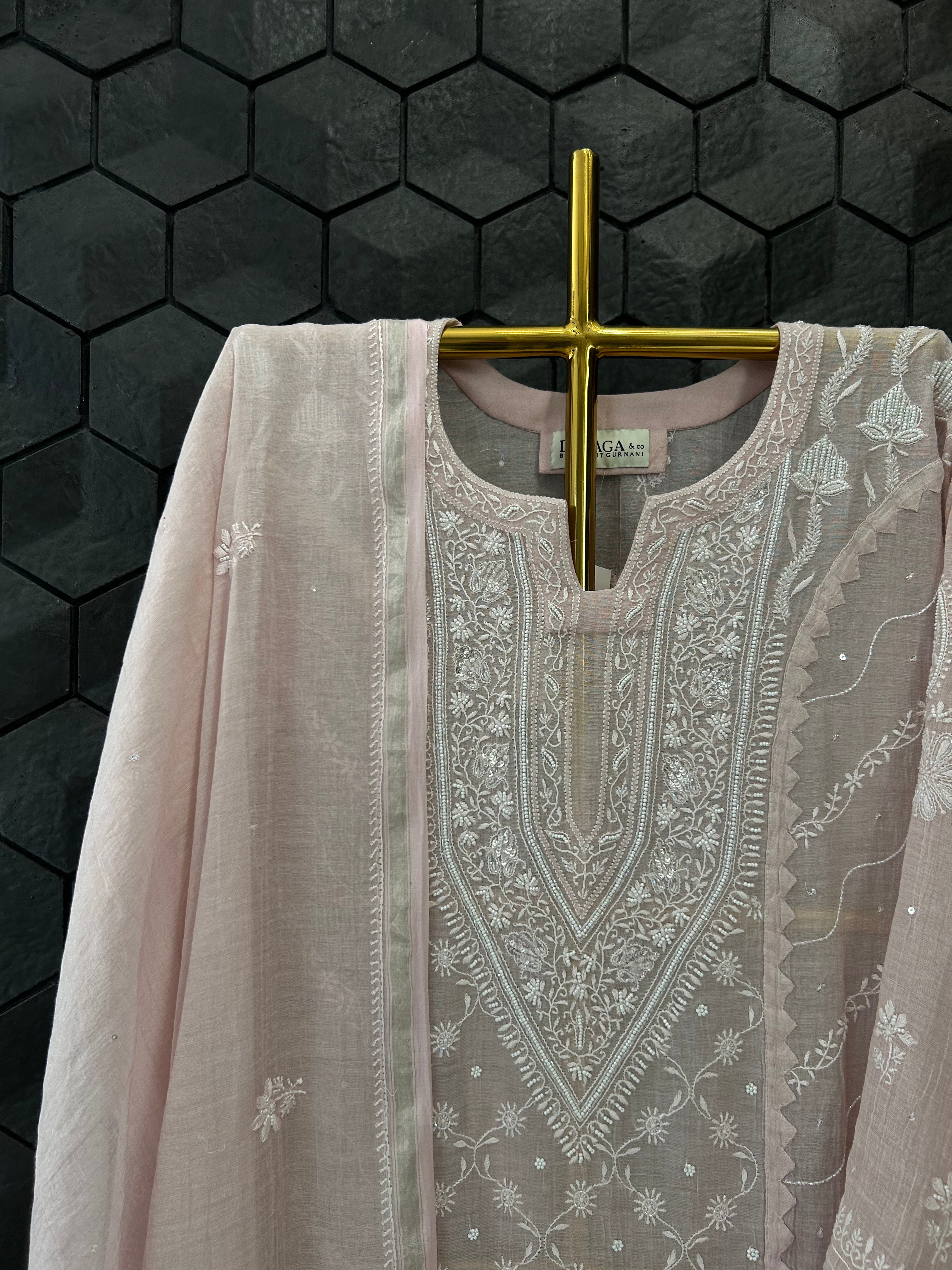 Pink Silver tissue Chikankari Kurta Set