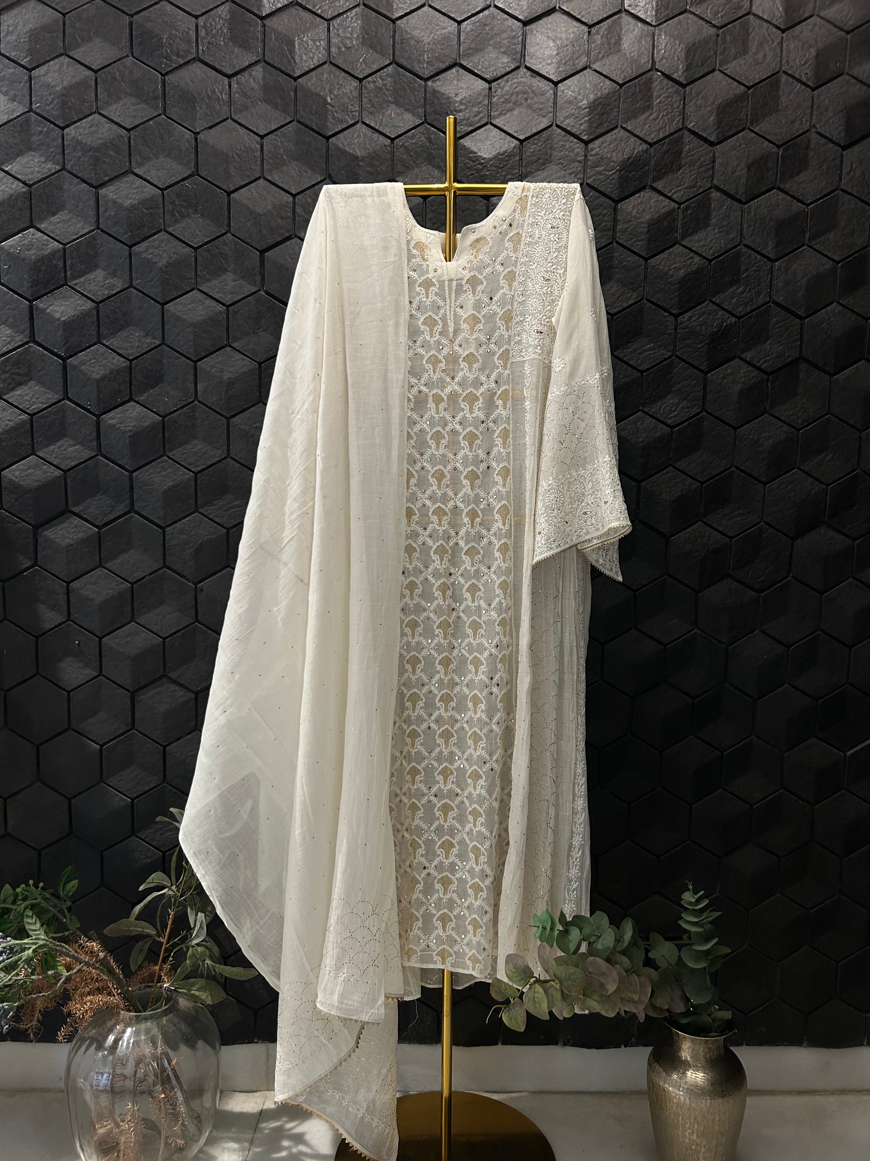 White Mul Chanderi Chikankari Anarkali Set