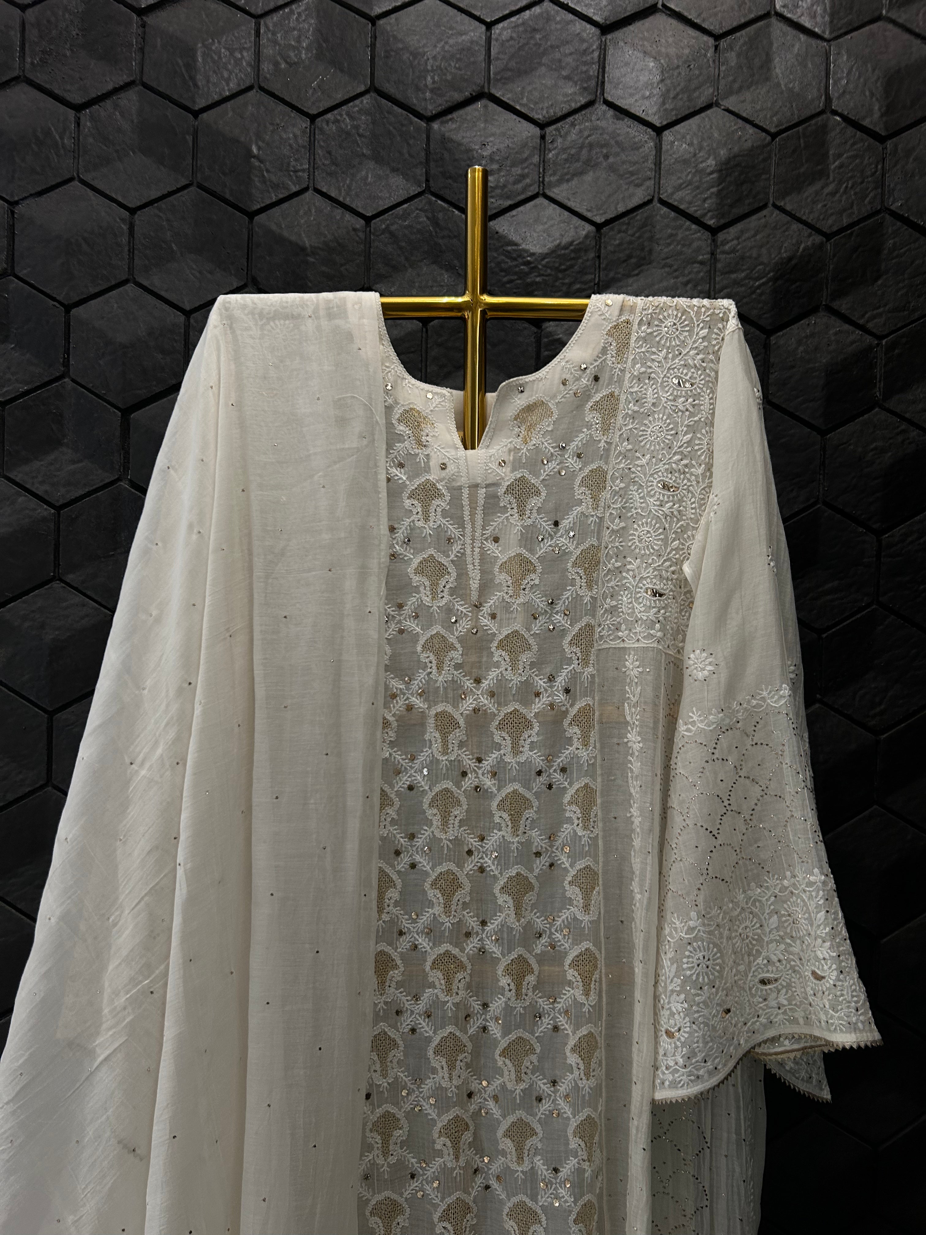 White Mul Chanderi Chikankari Anarkali Set