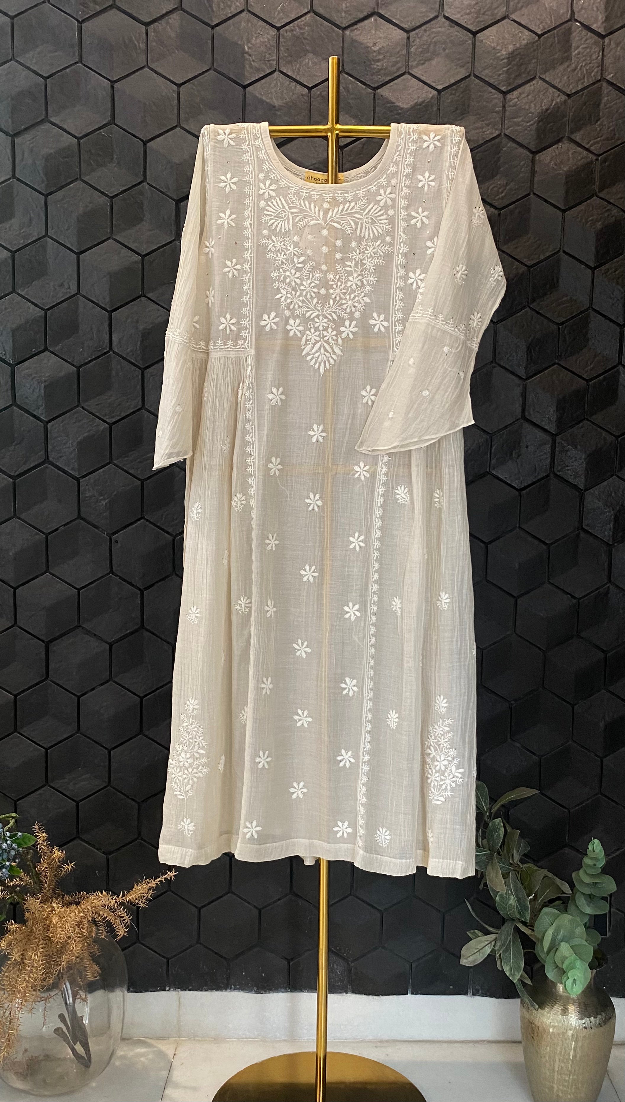 Beige Mul Chanderi Chikankari Tunic