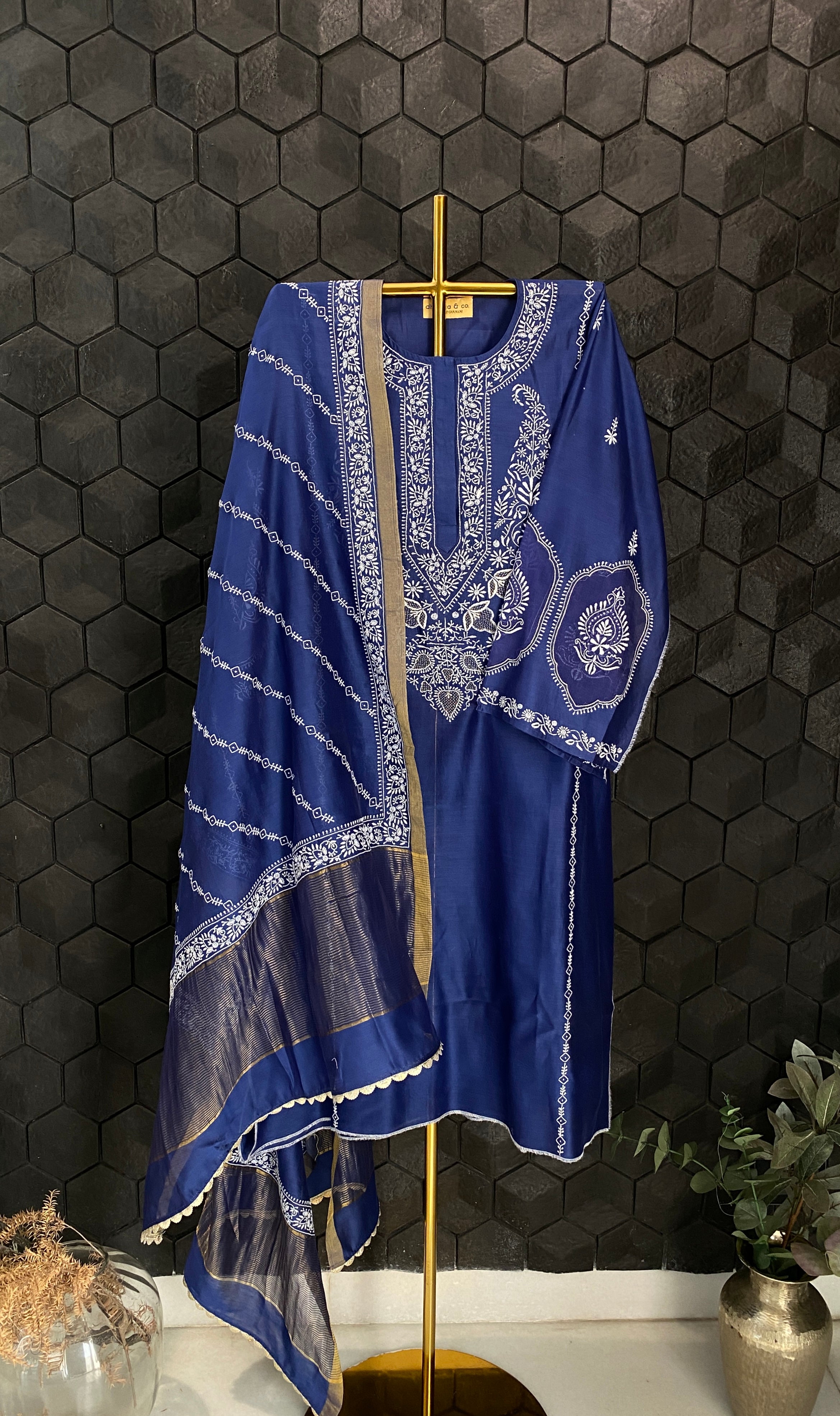 Cobalt Blue Chanderi Silk Chikankari Kurta Set