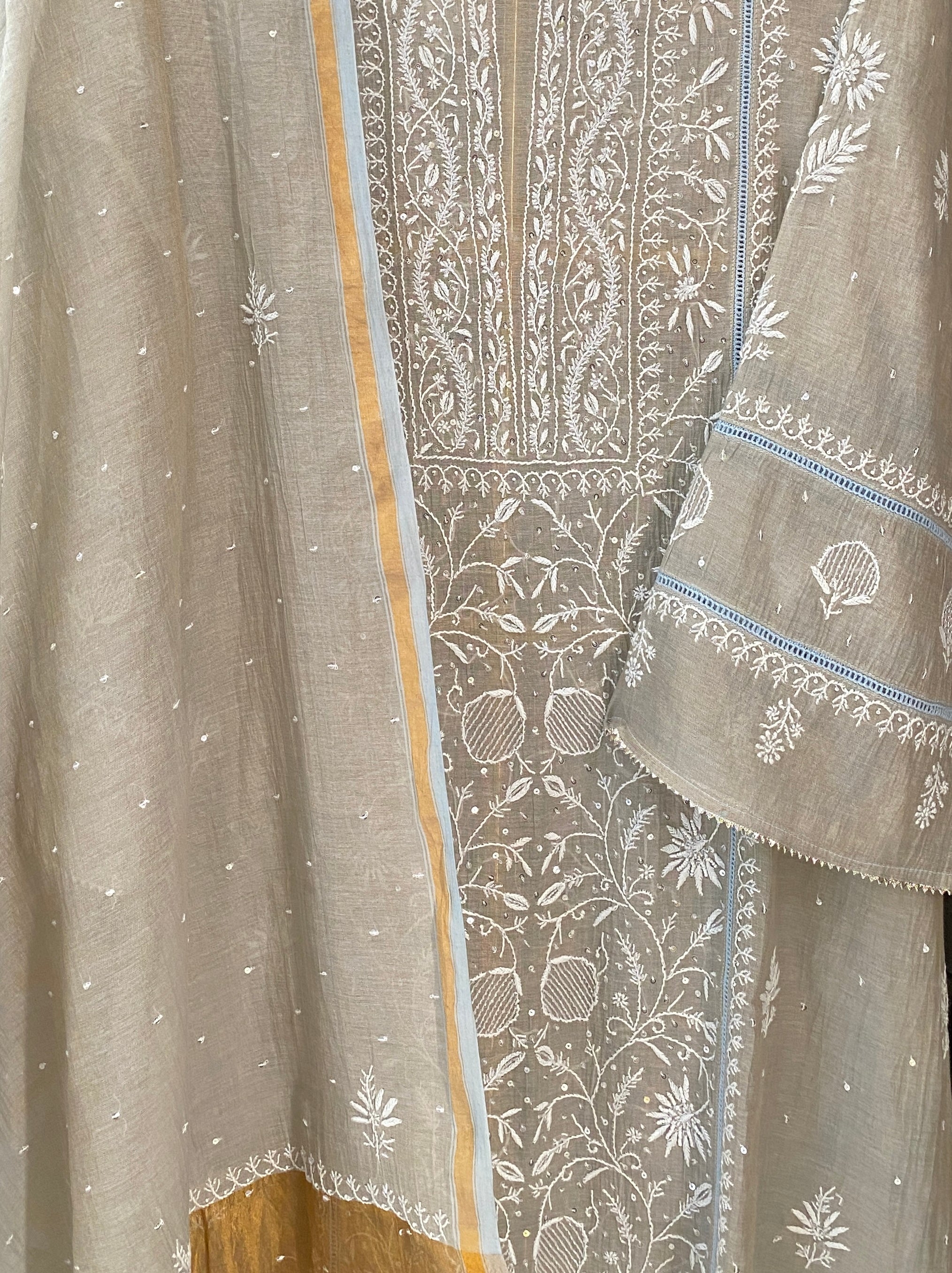 Grey Tissue Chikankari kurta Set