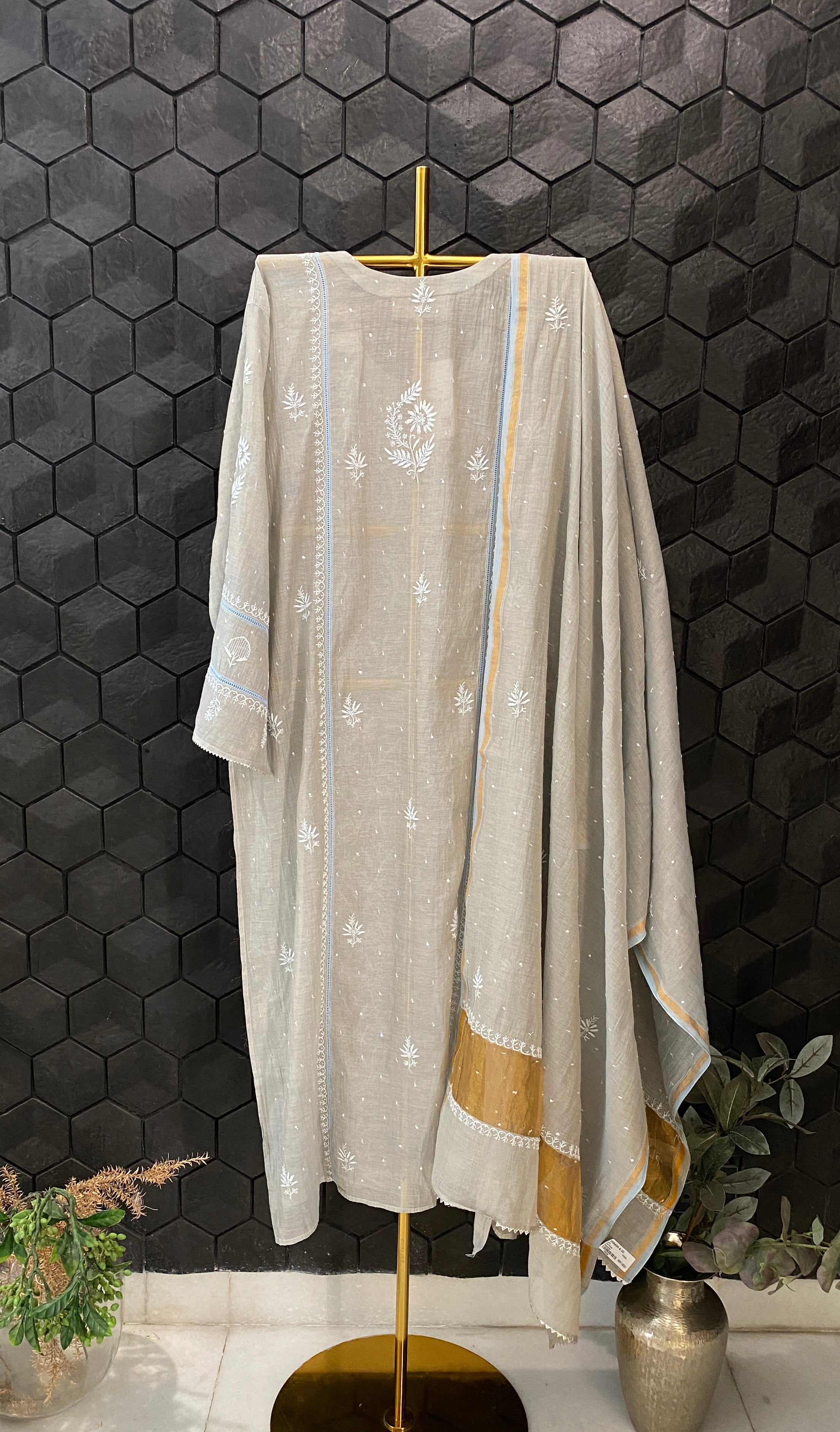 Grey Tissue Chikankari kurta Set