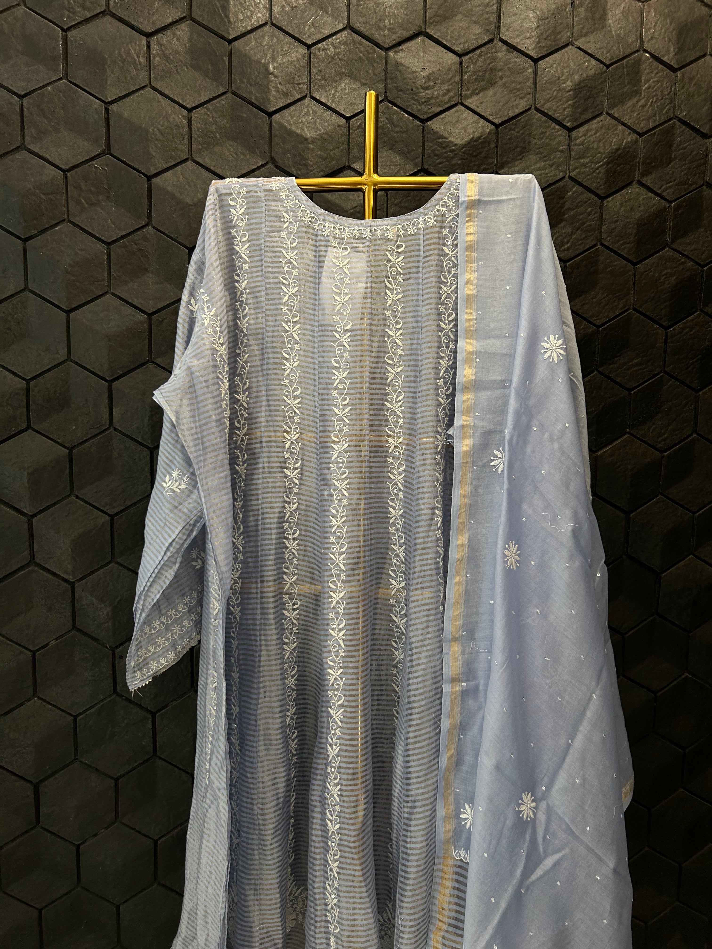 Powder Blue Striped Tissue Chikankari Anarkali Set