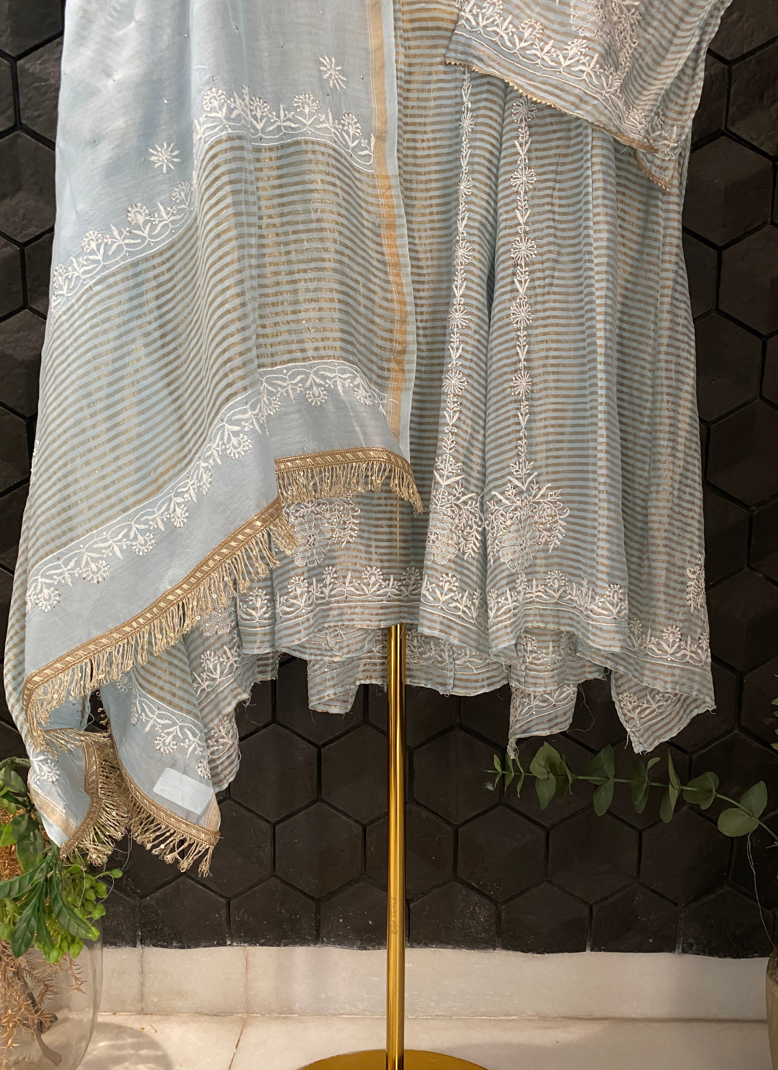 Powder Blue Striped Tissue Chikankari Anarkali Set