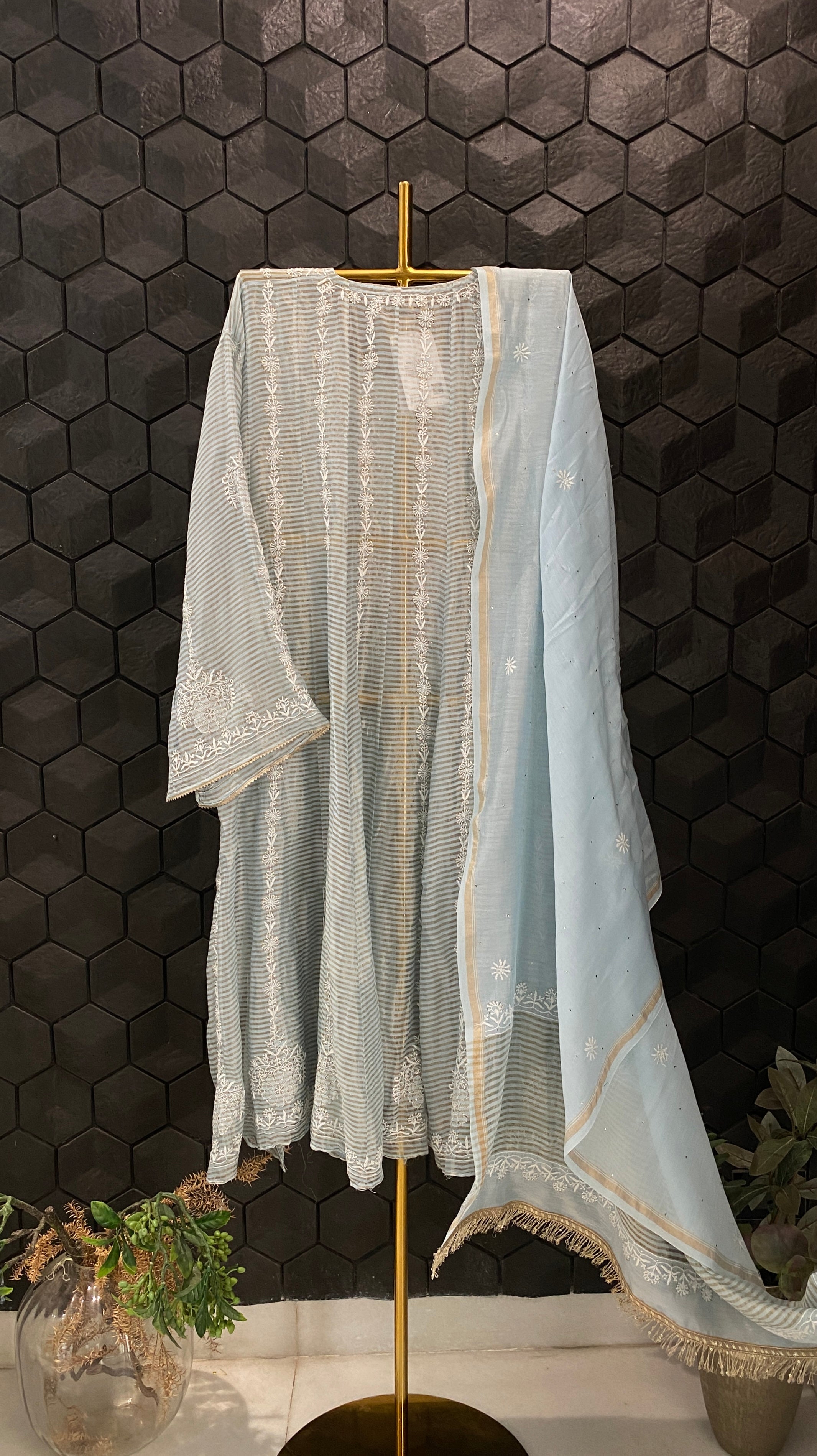 Powder Blue Striped Tissue Chikankari Anarkali Set