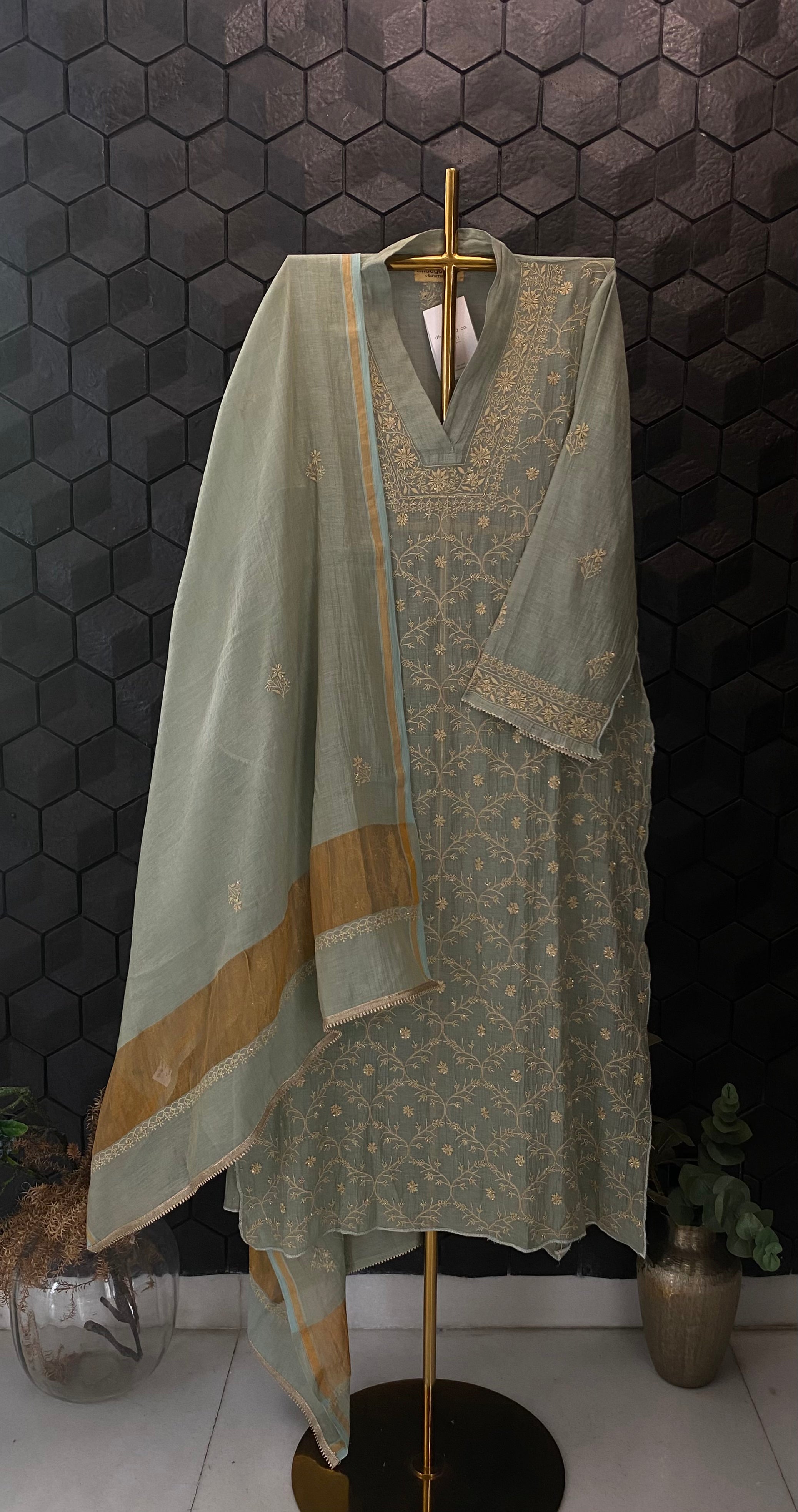 Sage Green Tissue Chikankari Kurta Set