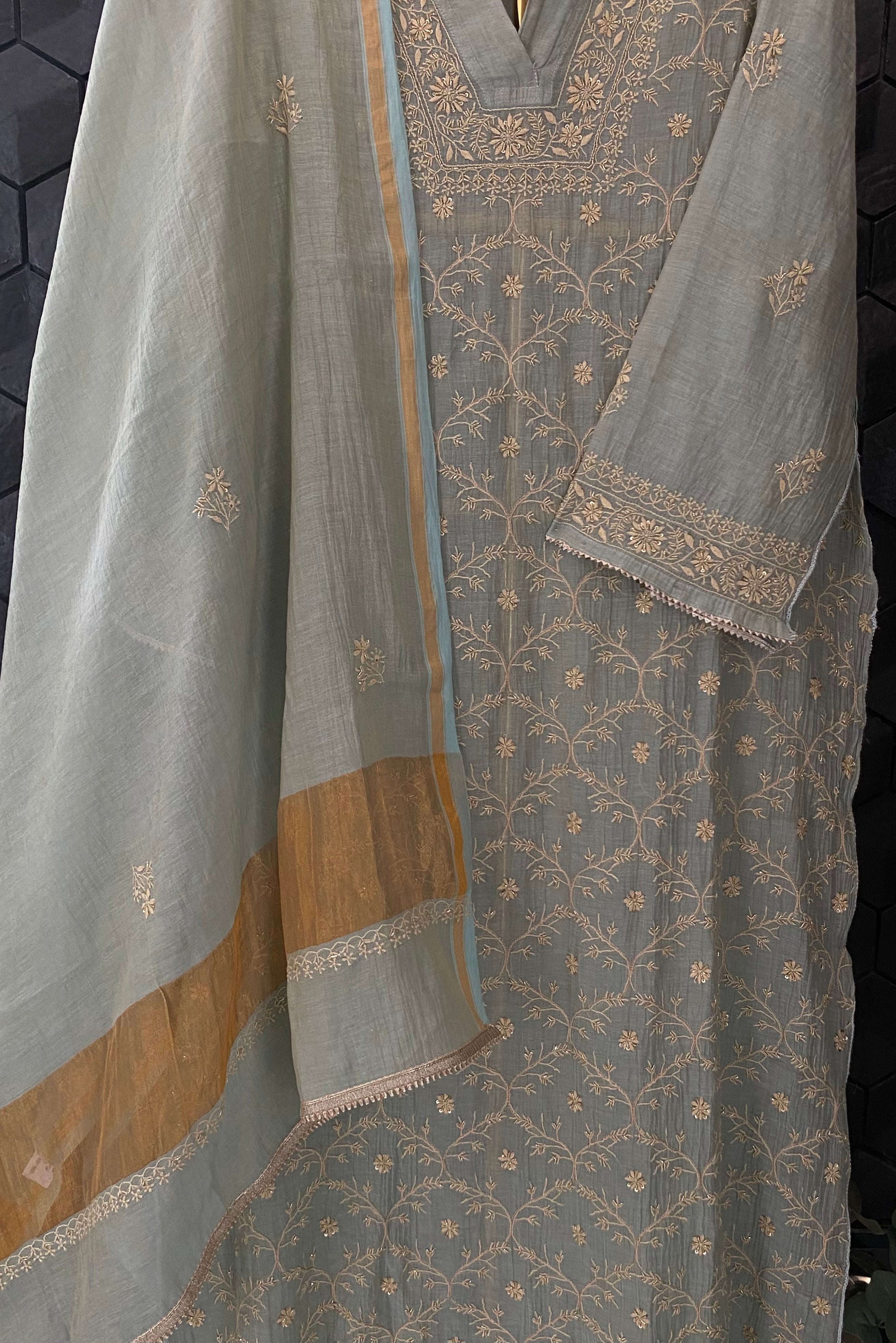 Sage Green Tissue Chikankari Kurta Set