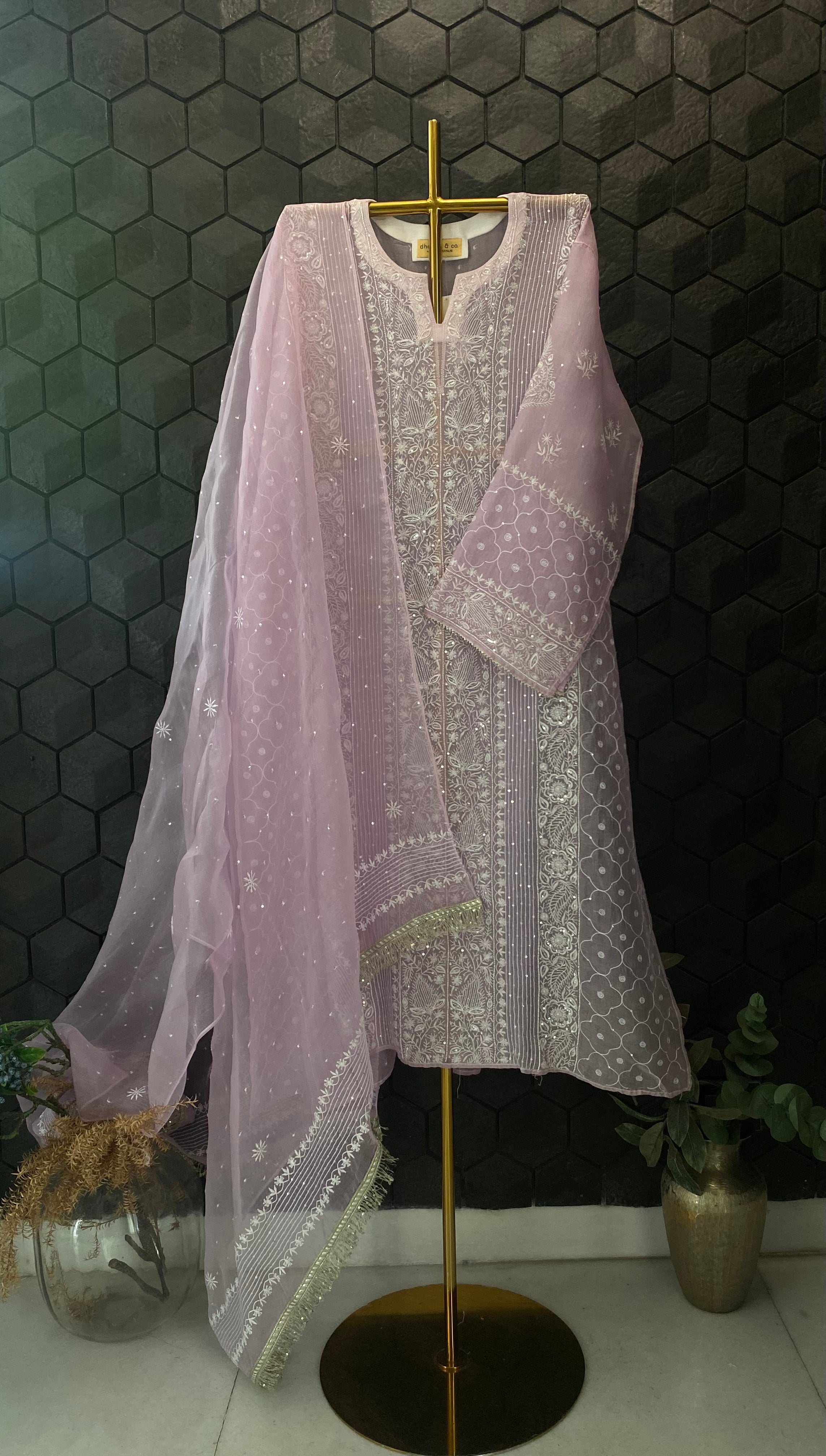 Lilac Organza Chikankari Kurta Set