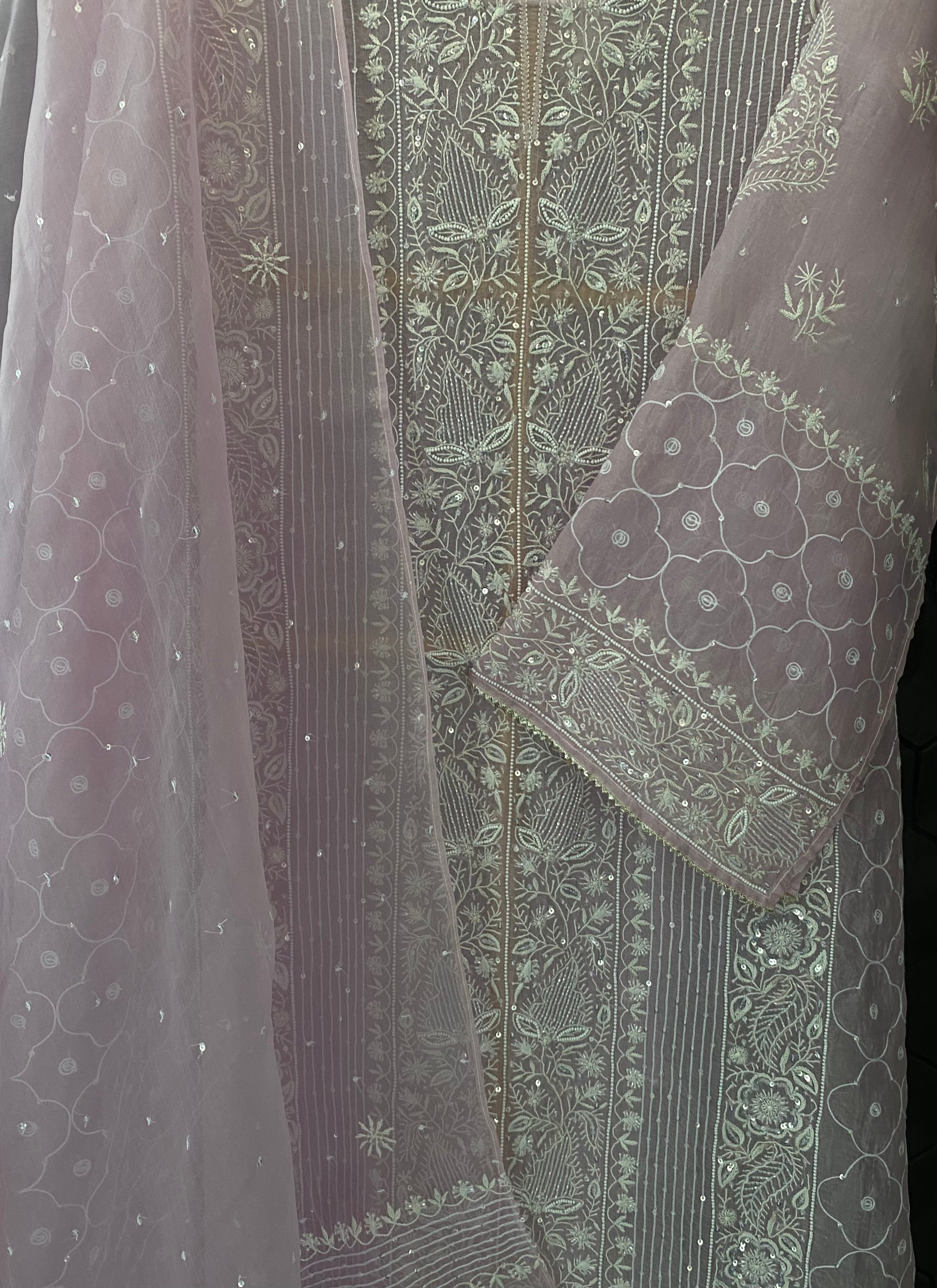 Lilac Organza Chikankari Kurta Set