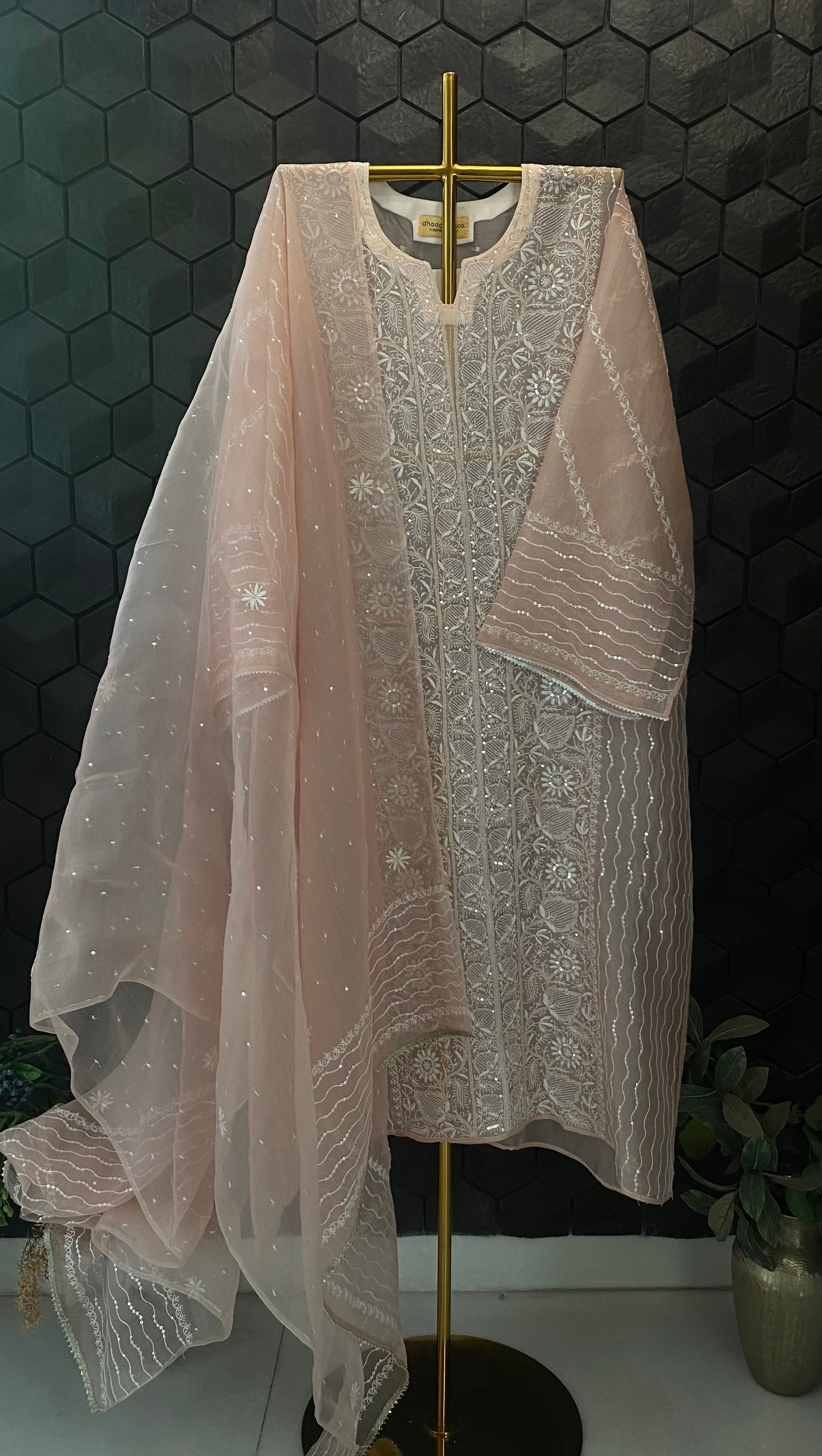 Peach Organza Chikankari Kurta Set