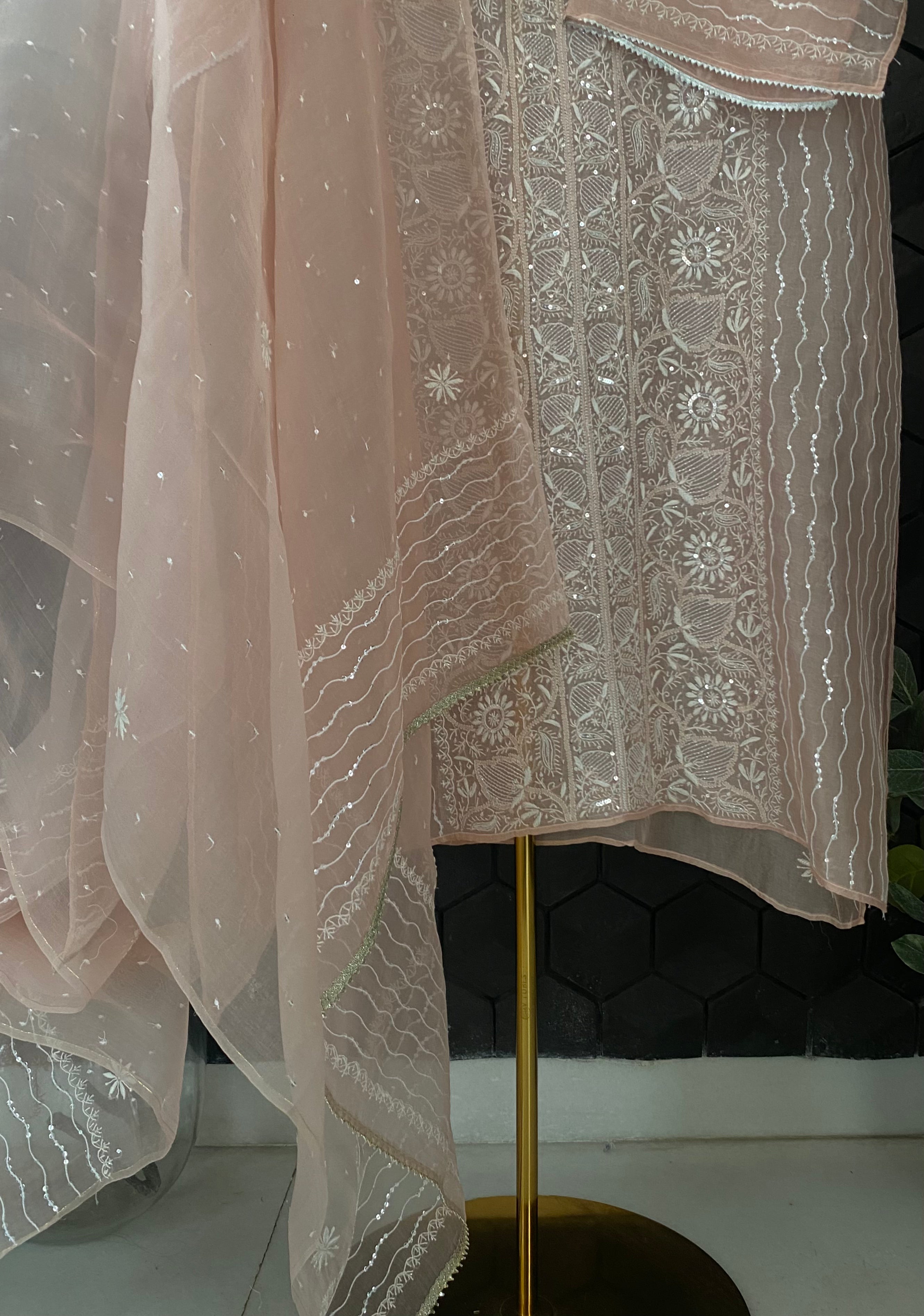 Peach Organza Chikankari Kurta Set