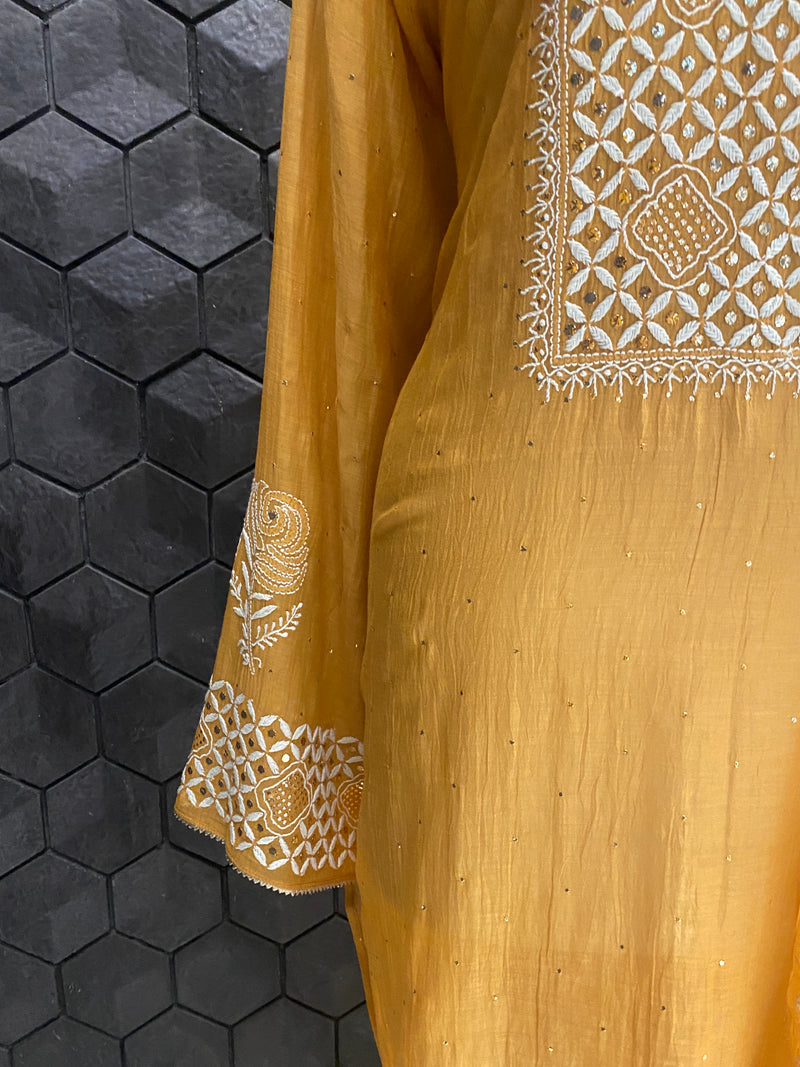 Mustard Mul Chanderi Chikankari Kurta Set