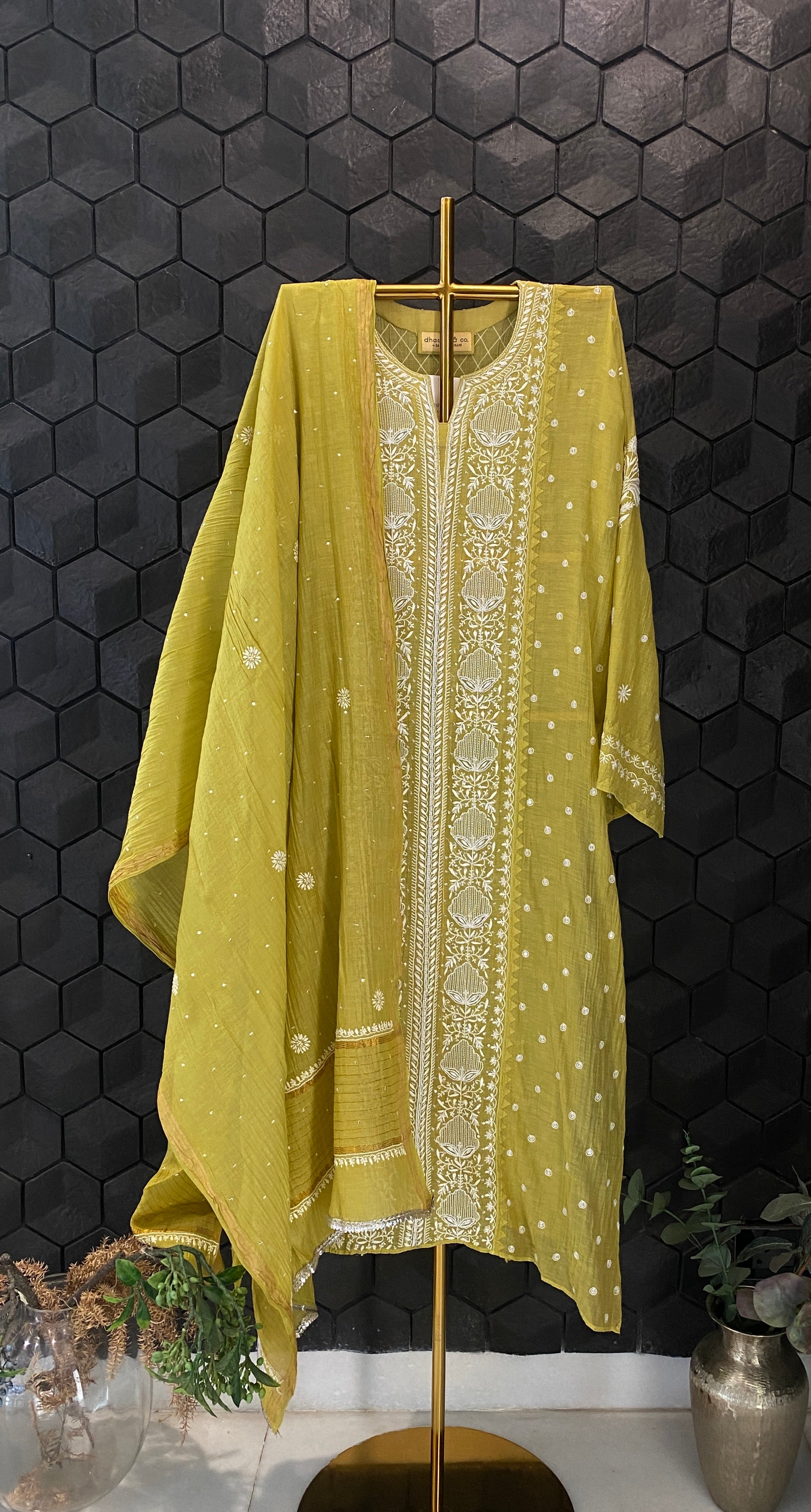 Lime Green Chanderi Chikankari Kurta Set