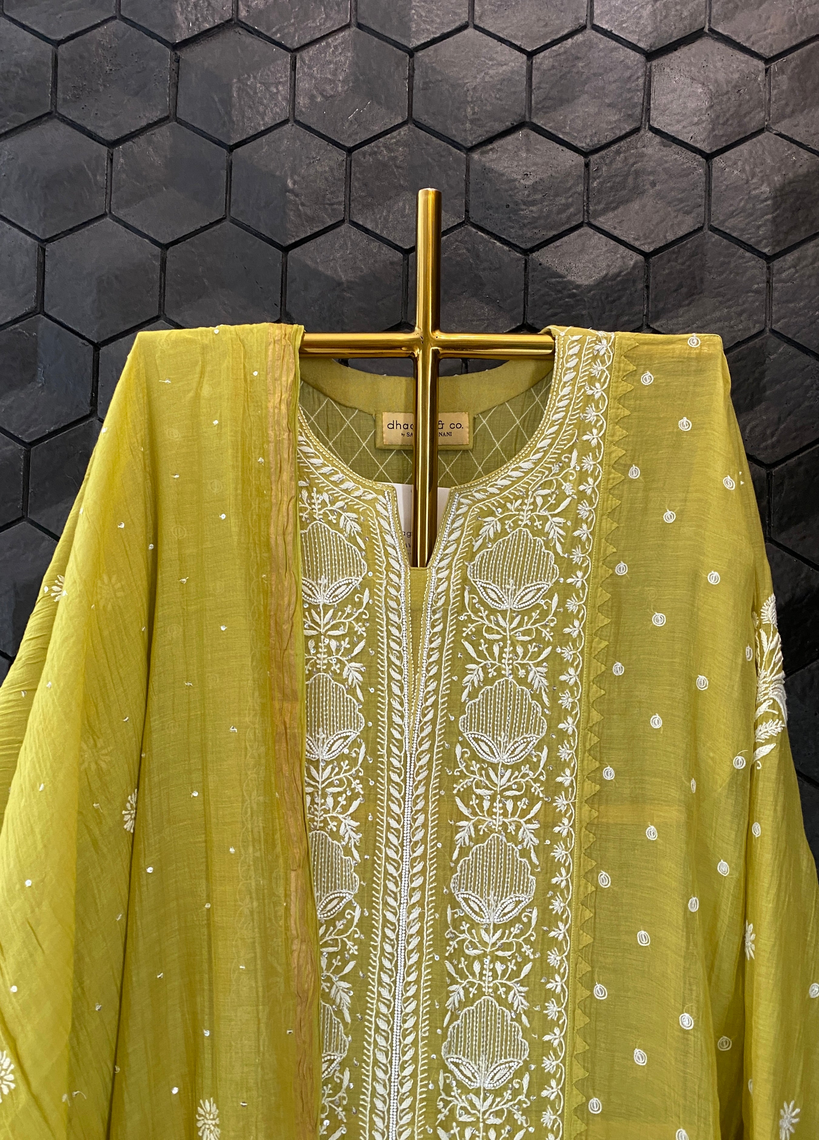 Lime Green Chanderi Chikankari Kurta Set