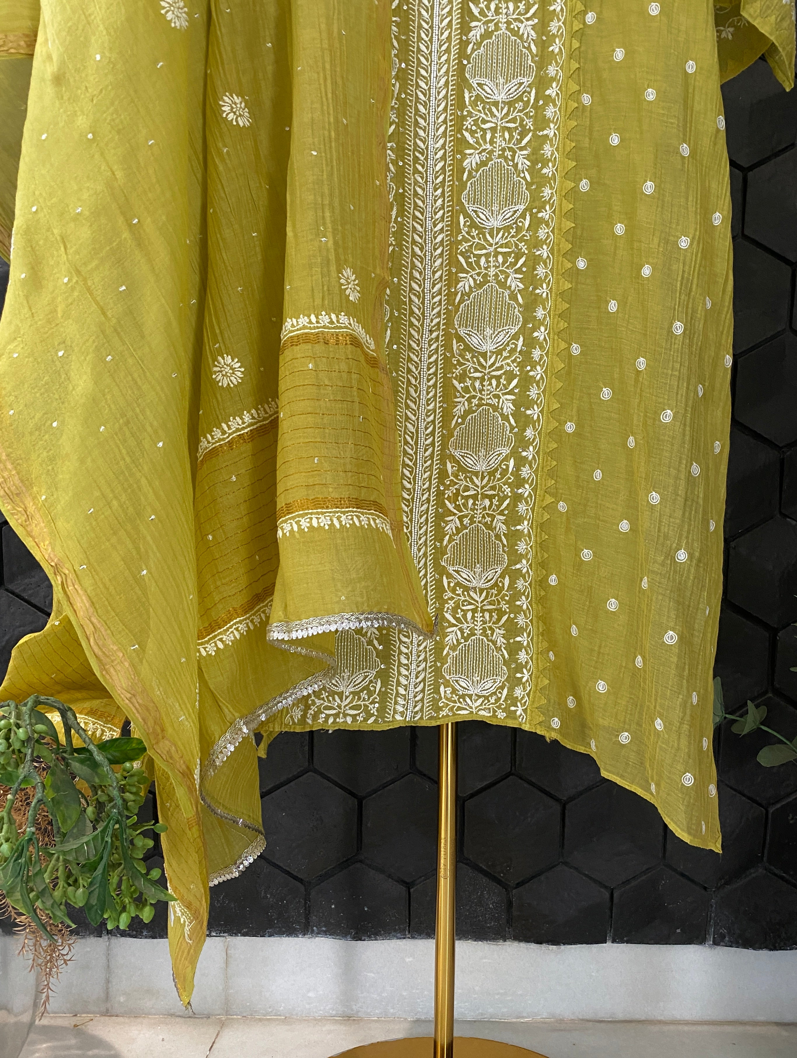 Lime Green Chanderi Chikankari Kurta Set