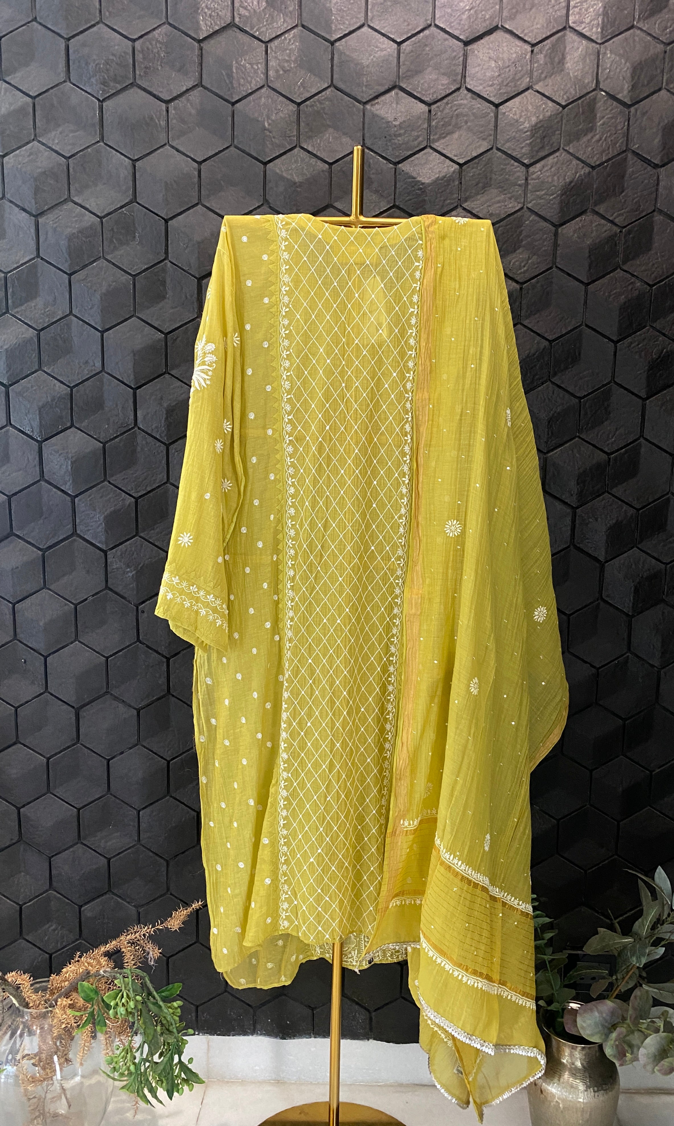 Lime Green Chanderi Chikankari Kurta Set