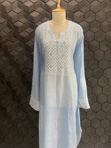 Sky Blue Mul Chanderi Chikankari Kurta Set