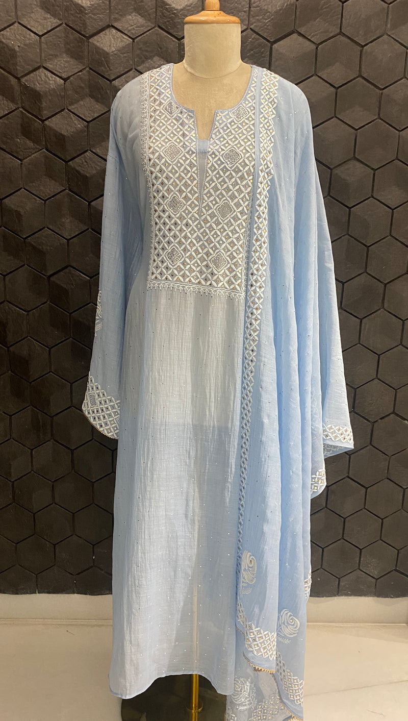 Sky Blue Mul Chanderi Chikankari Kurta Set