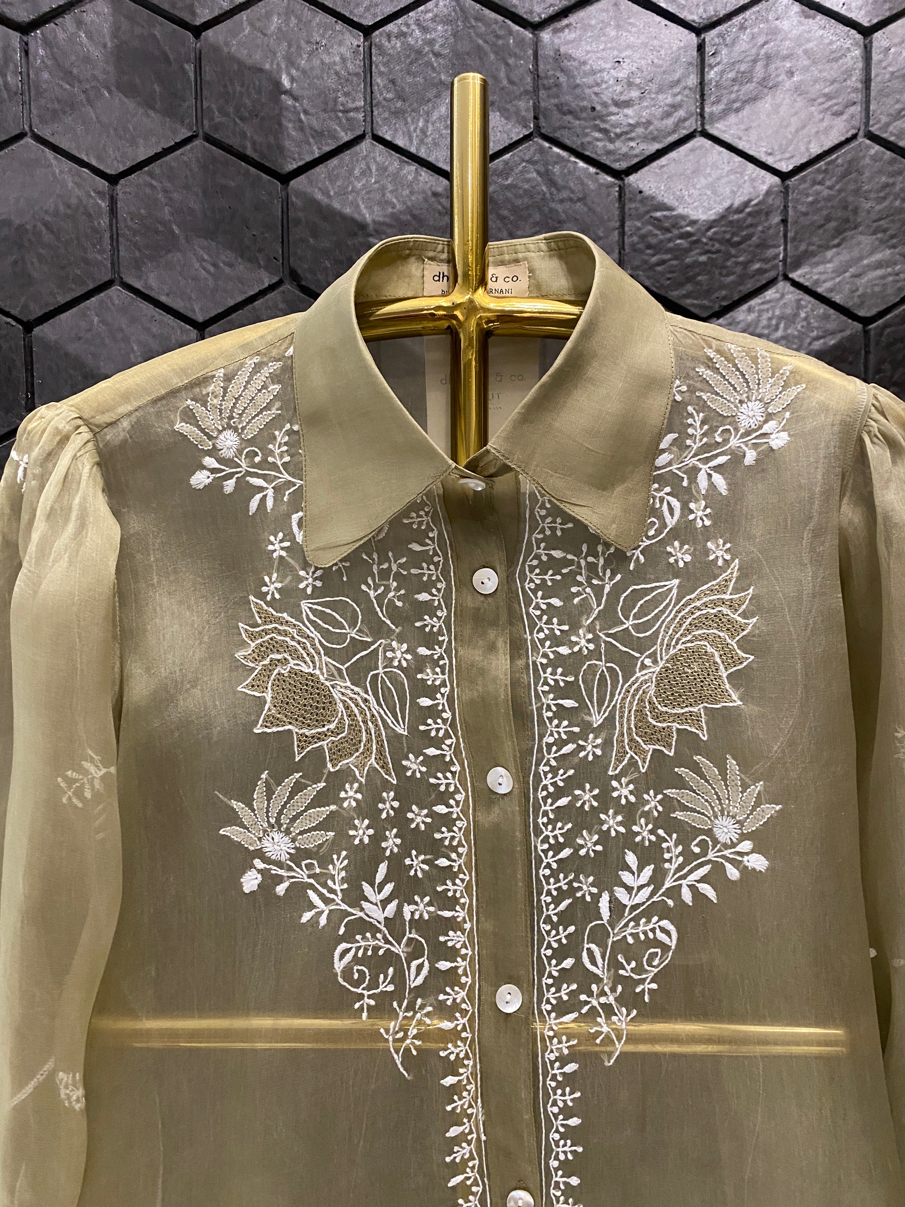 Mehendi Organza Chikankari Shirt